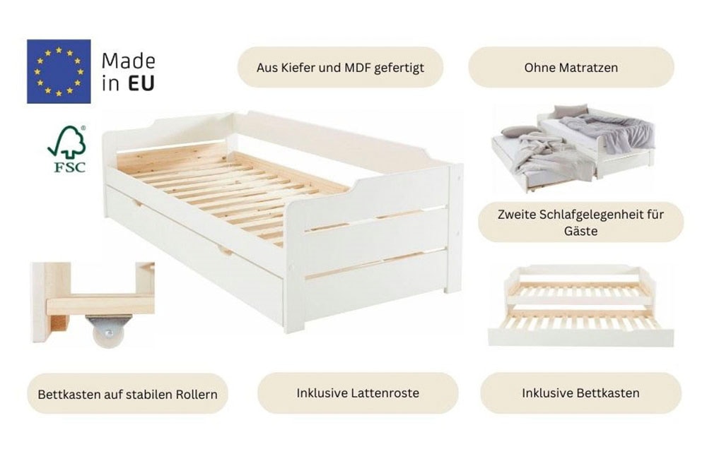 Home affaire Daybett »"REETE " BESTSELLER! Funktionsbett, Kinderbett, inklusive Schubkasten«, (2 Schlafplätze), FSC® zertifiziertes Massivholz (Kiefer), klassischer Landhausstil