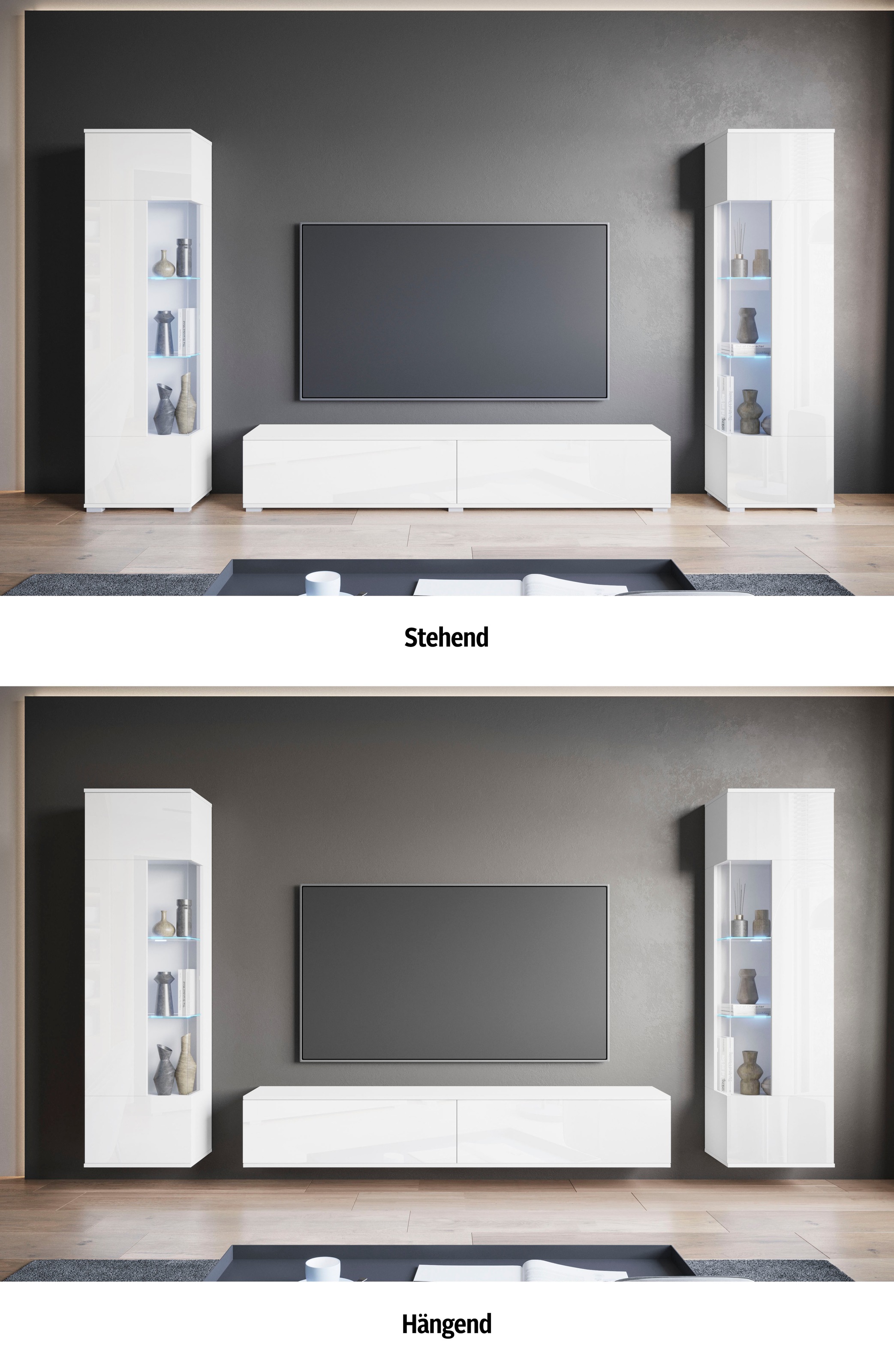 INOSIGN Wohnwand »Kenia, Vitrine Türanschlag links/rechts wechselbar«, (3 St.), Vitrinen mit Eckverglasung, hängend und stehend montierbar