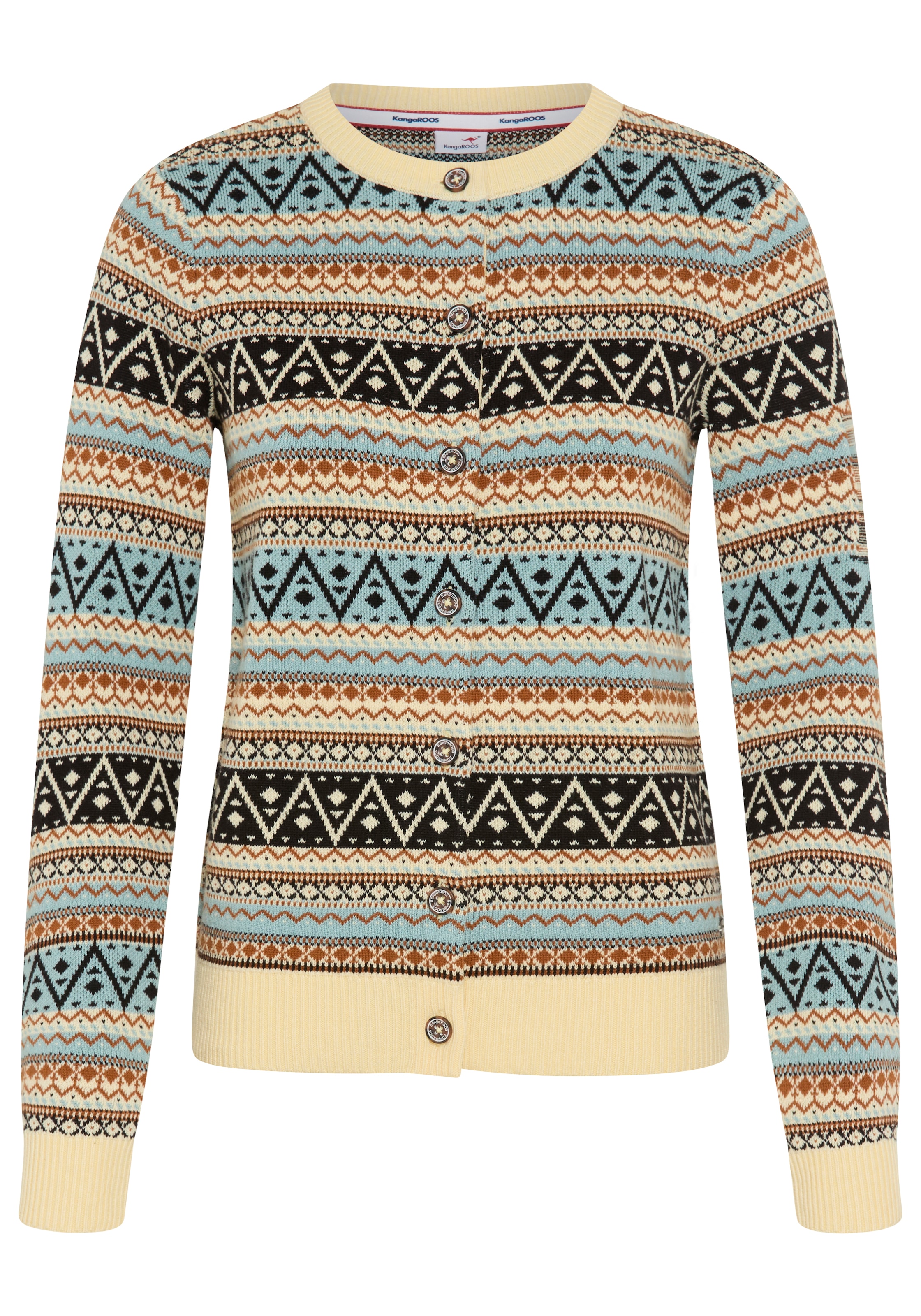 KangaROOS Jacquardstrickjacke hüftlange Form, schmale Passform, mit Rundhalsausschnitt mit Blende