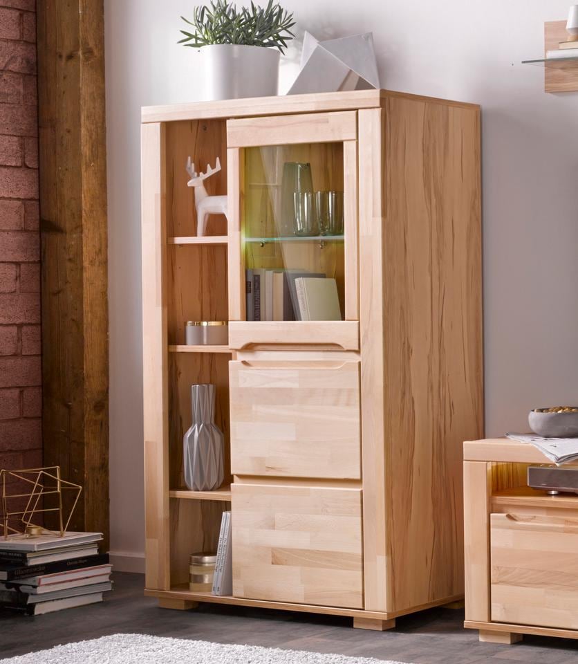 Home affaire Vitrine »DENIS80,B/T/H:90/40/145cm, Front massivhozl, geölt, Stauraumvitrine« 1 Tür mit Glaseinsatz, Einlegeboden versetzbar, 4 offene Fächer