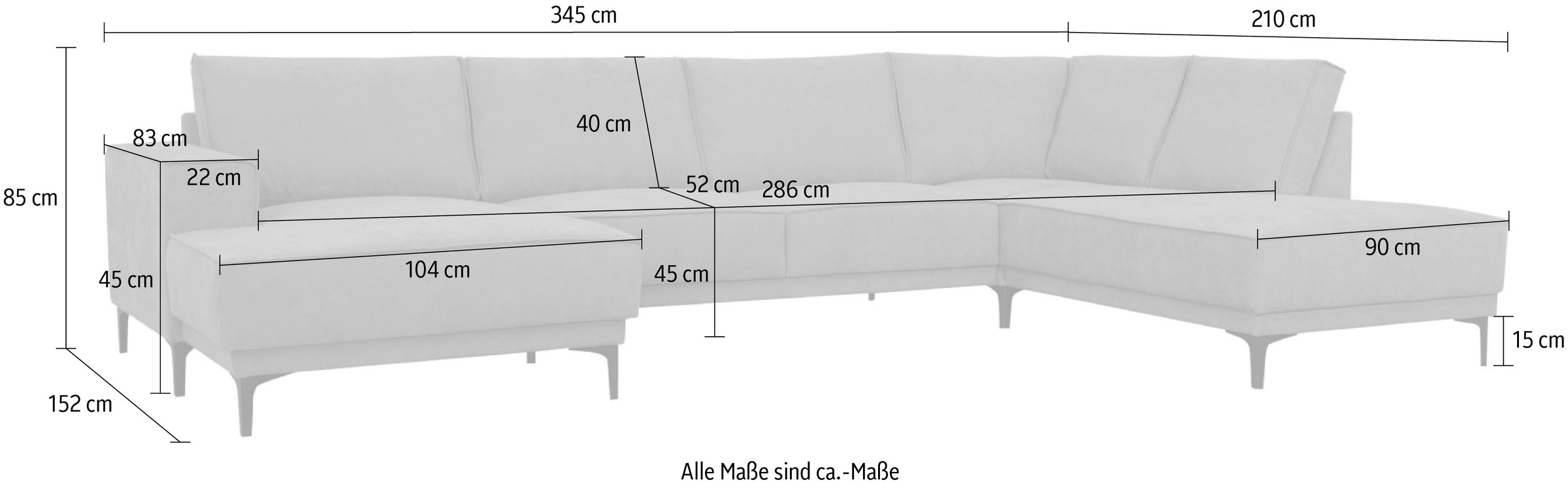 Places of Style Wohnlandschaft »XXL Sofa Oland, Struktur, Flachgewebe, Luxus-Microfaser, Boucle«, U-Form, 345 cm, Wellenunterfederung, Skandi-Design, Metallfüße