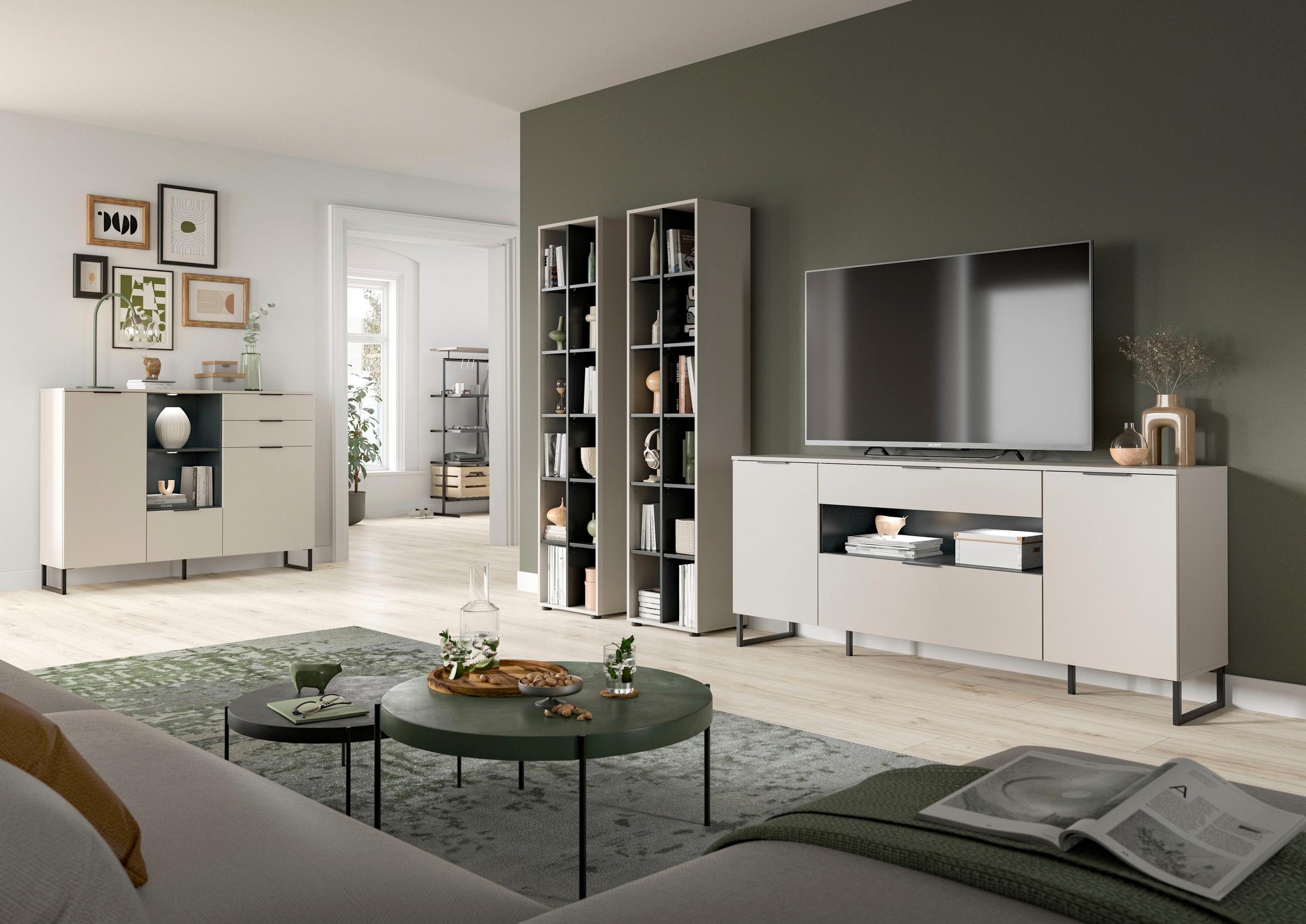 INOSIGN Wohnwand »ADIO, Breite 305 cm, 3-teiliges Set, mit Metall-Kufenfüße« Set, bestehend aus: 2x Standregal und Sideboard, 3 Stk. tlg.