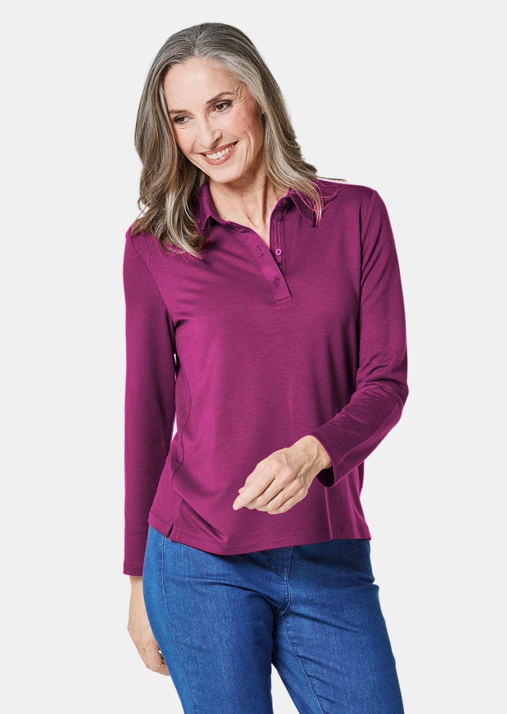 GOLDNER Poloshirt »Kurzgröße Langarm Poloshirt mit Schmuckband an Knopfleiste«