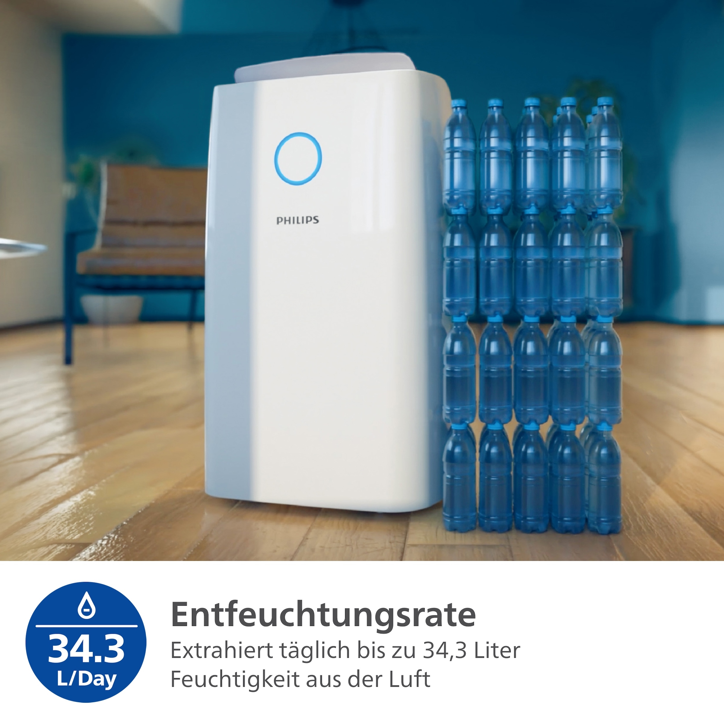 Philips Luftentfeuchter »DE3306/11 3000 Series, mit Wäschetrockner-Modus«, für 150 m³ Räume, Entfeuchtung 34,3 l/Tag, Tank 4 l, 360-Grad-Mobilität u. Aromatherapie-Zusatzoption