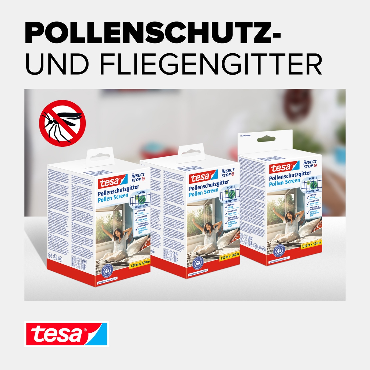 tesa Insektenschutz-Fensterrahmen »Pollenschutzgitter für Fenster - 1,2m x 2,4m«, Pollenschutzgitter - ohne Bohren- zuschneidbar -anthrazit