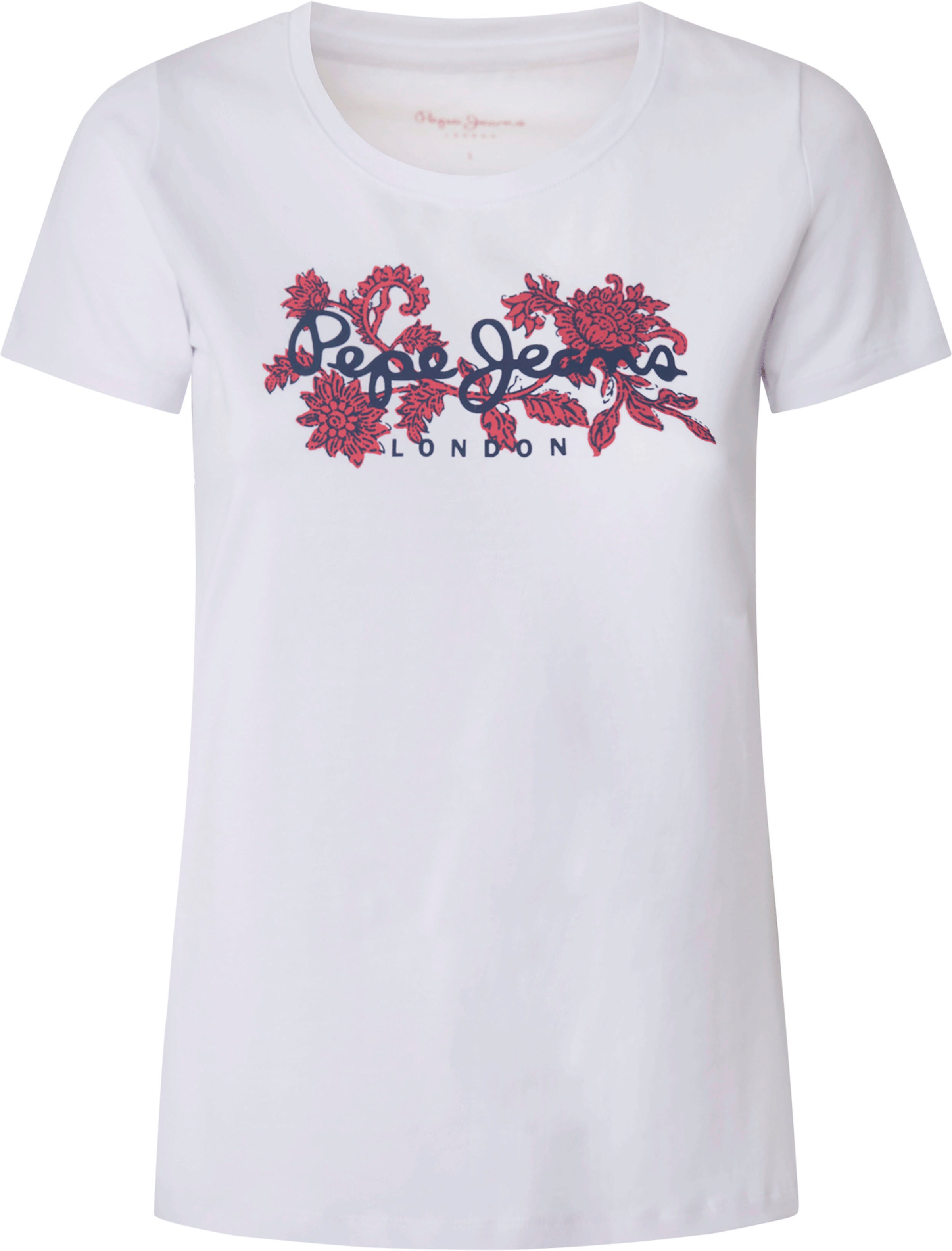 Pepe Jeans Logo-Print mit im »NEREA«, Rundhalsshirt Stretch Online Shop floralem OTTO und