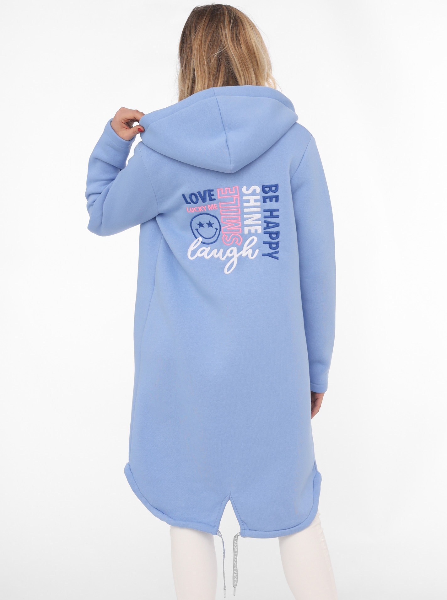 Zwillingsherz Jerseymantel »"Be happy & shine"« mit auffälig gesticktem Front und Back Motiv