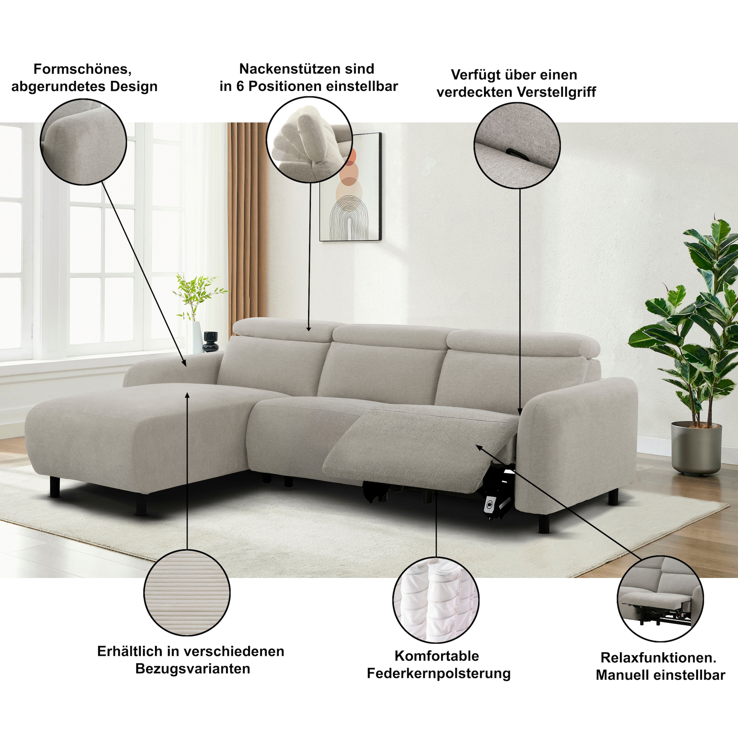 Home affaire Ecksofa »SKAANE in Cord, L-Form, 274 cm, manuelle u. elektrische Funktion,« rundes Design, Kopfteilverstellung, Federkernpolsterung