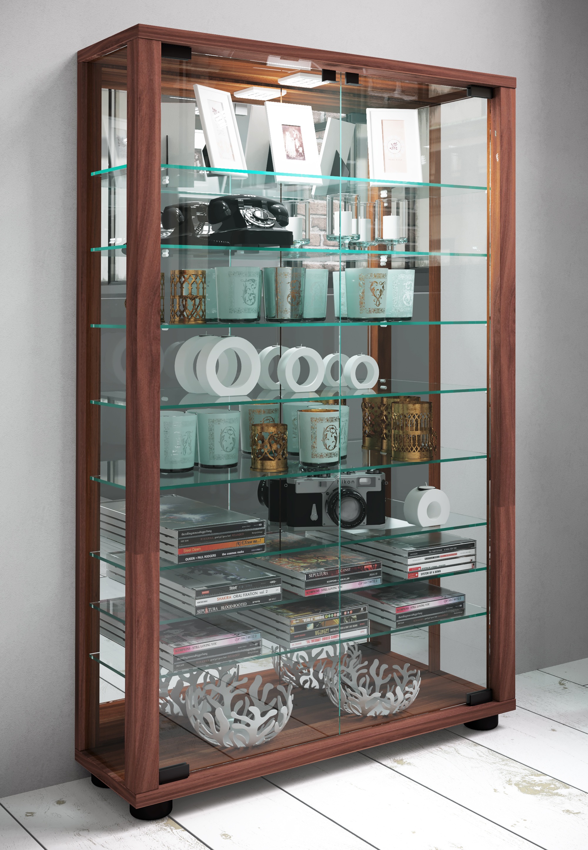 VCM Vitrine »VCM Glasvitrine stehend | Vitrine Glas mit ESG-Sicherheitsglas | Maße ca.H. 91 x B. 59 x T. 18 cm | Standvitrine Glas | Modern und platzsparend | Glas Vitrinenschrank ¿ Lumo Mini Spiegel«, (1 St.)