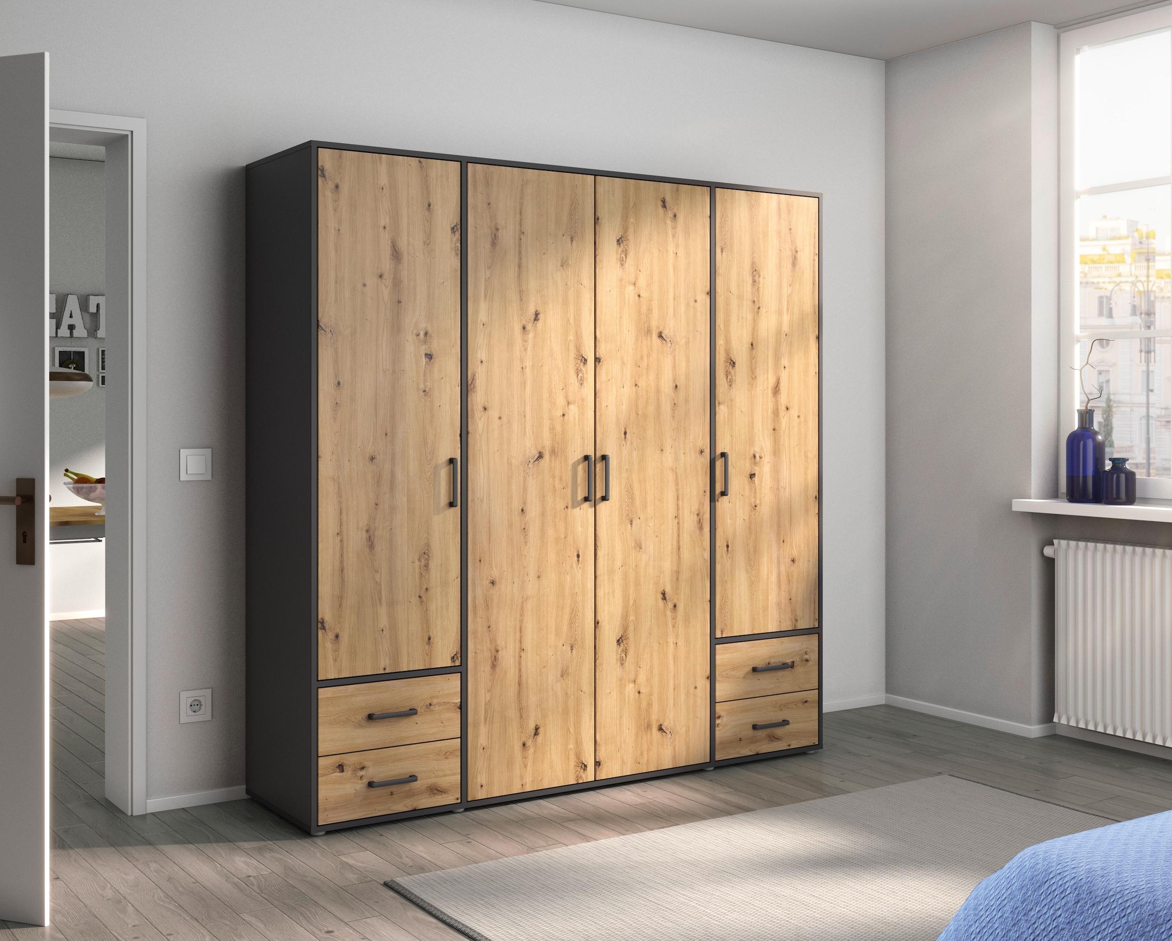 rauch Drehtürenschrank »Kleiderschrank Schrank Garderobe Wäscheschrank VOYAGER«, (in 3 verschiedenen Ausstattungen BASIC/CLASSIC/PREMIUM), moderne Griffe in Graumetallic mit Außenschubkästen MADE IN GERMANY