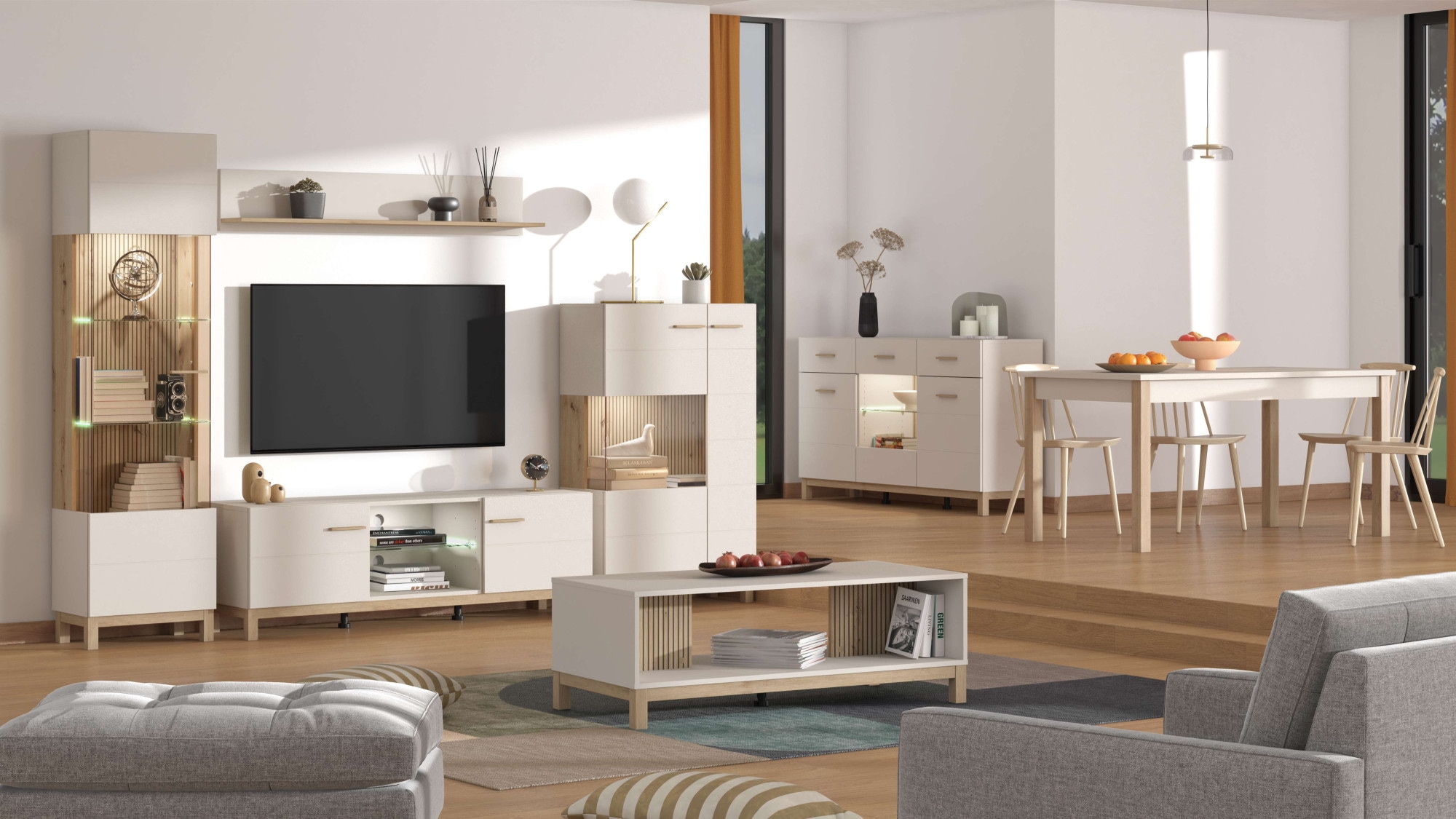 Home affaire Highboard »Essex, Hochkommode, Vitrine, Glasvitrine, Kombi-Highboard« Modernes Highboard in Kaschmir mit Glasfront & Lamellen-Optik