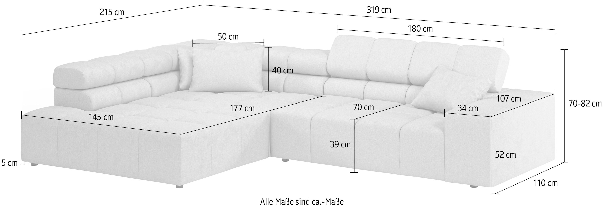 Home affaire Ecksofa »Ancona incl. Kopfteilverstellung, Breite 319cm, L-Form« wahlweise motorische Sitztiefenverstellung, auch in Cord + Easy Care