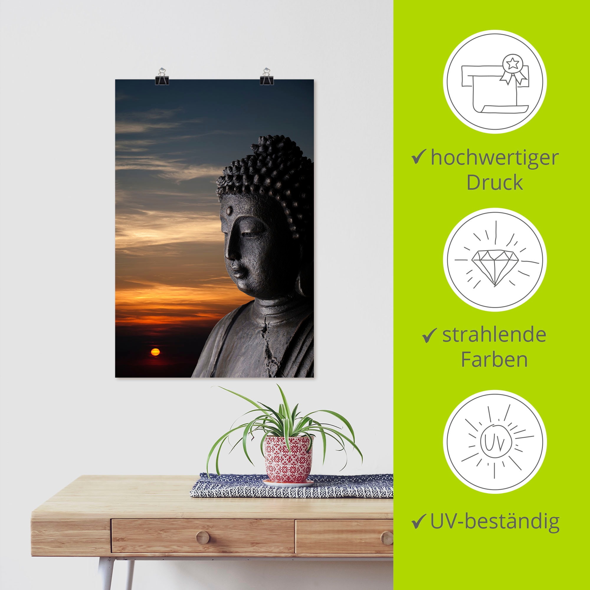 Artland Wandbild »Buddha Statue vor Sonnenuntergang«, Buddhismus, (1 St.), als Alubild, Leinwandbild, Wandaufkleber oder Poster in versch. Größen