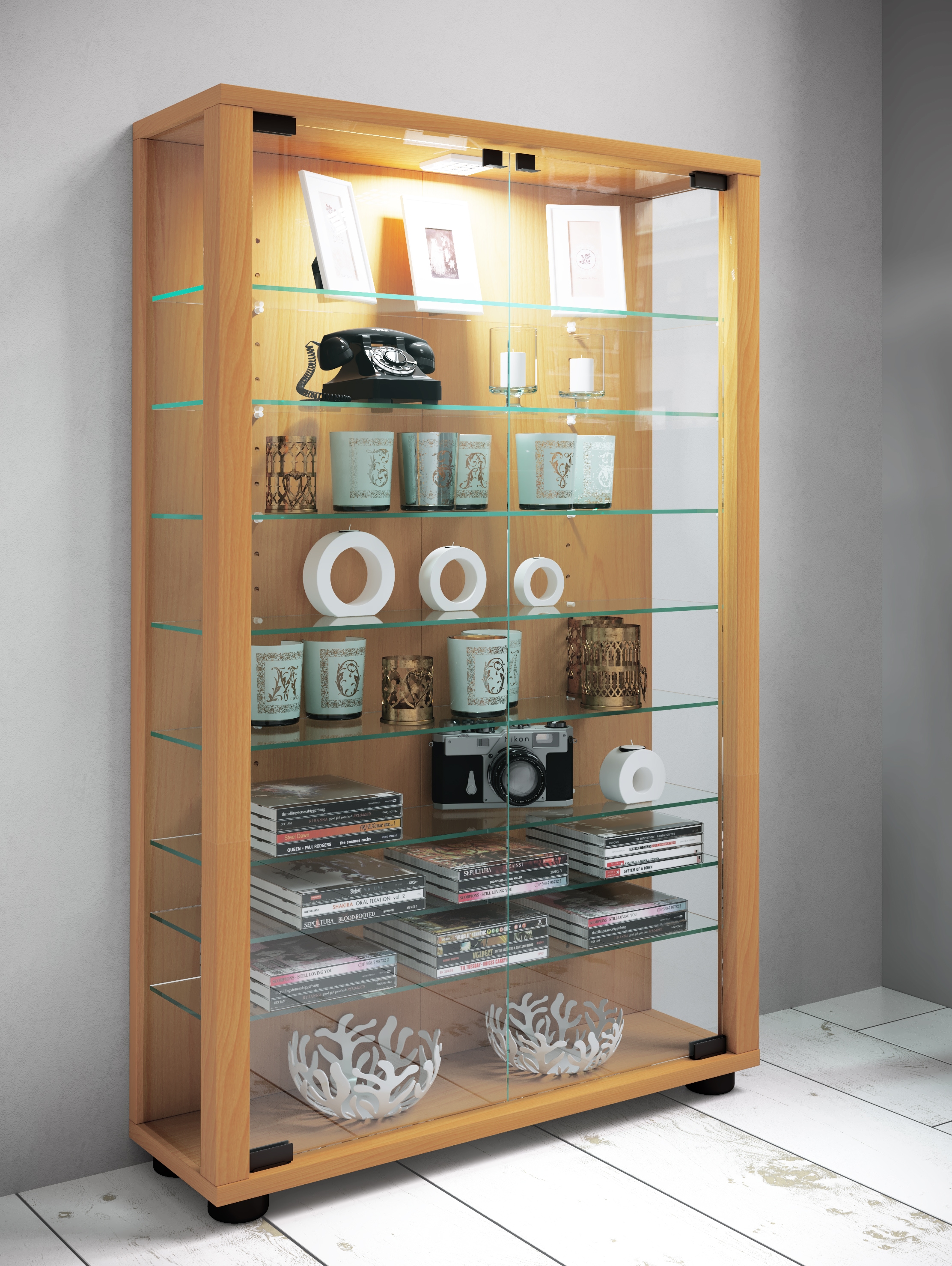 VCM Vitrine »VCM Glasvitrine stehend | Vitrine Glas mit ESG-Sicherheitsglas | Maße ca. H. 90 x B. 59 x T. 18 cm | Standvitrine Glas | Modern und platzsparend | Glas Vitrinenschrank ¿ Lumo Mini«, (1 St.)