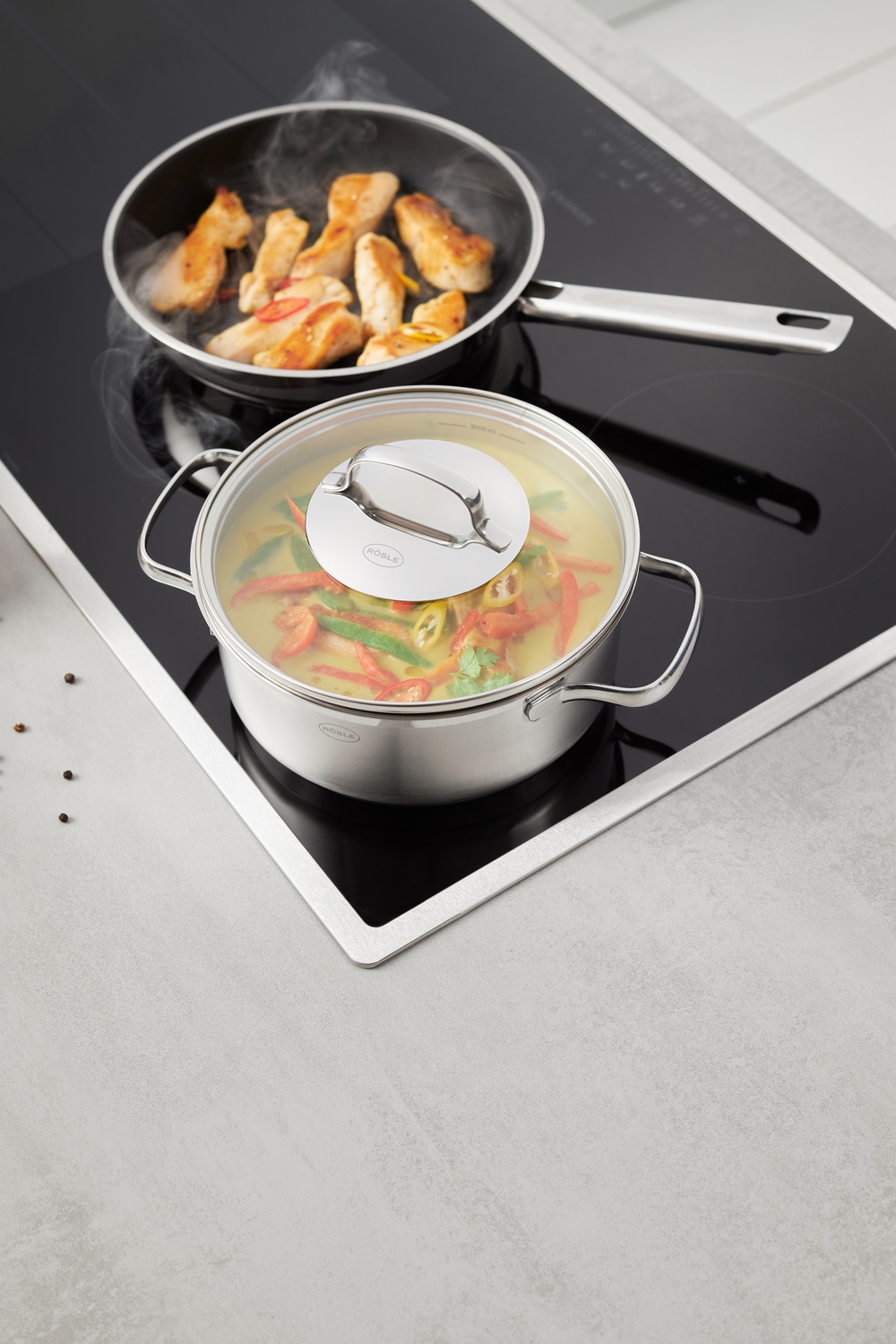 RÖSLE Topf-Set »ELEGANCE«, Edelstahl 18/10, (Set, 7 tlg., je 1 Kochtopf Ø 16/20/24 cm, 1x Bratpfanne Ø 24 cm), Glasdeckel und Innenskalierung, spülmaschinen- und induktionsgeeignet