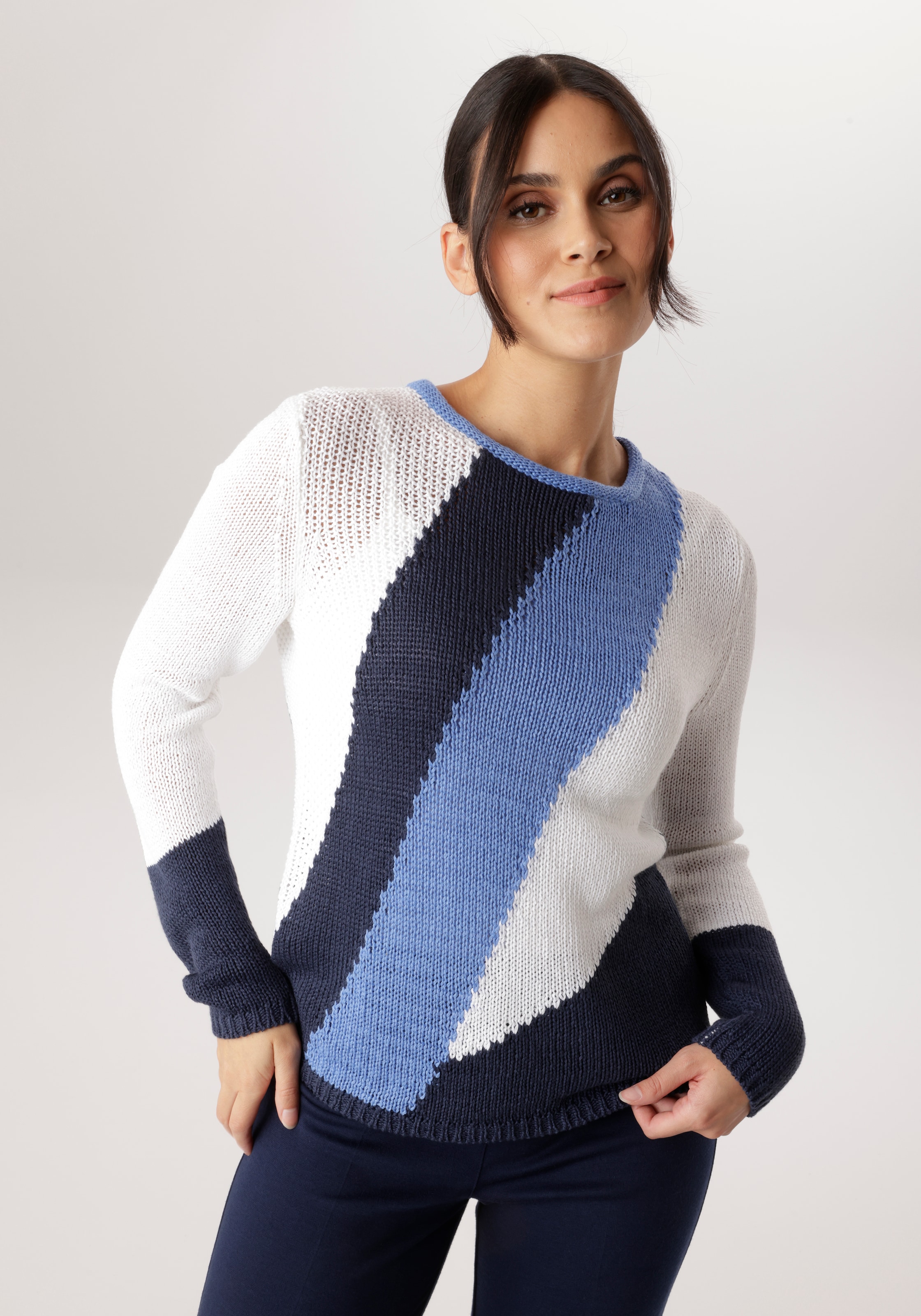 Aniston SELECTED Strickpullover mit Rollkante am Rundhalsausschnitt - NEUE KOLLEKTION