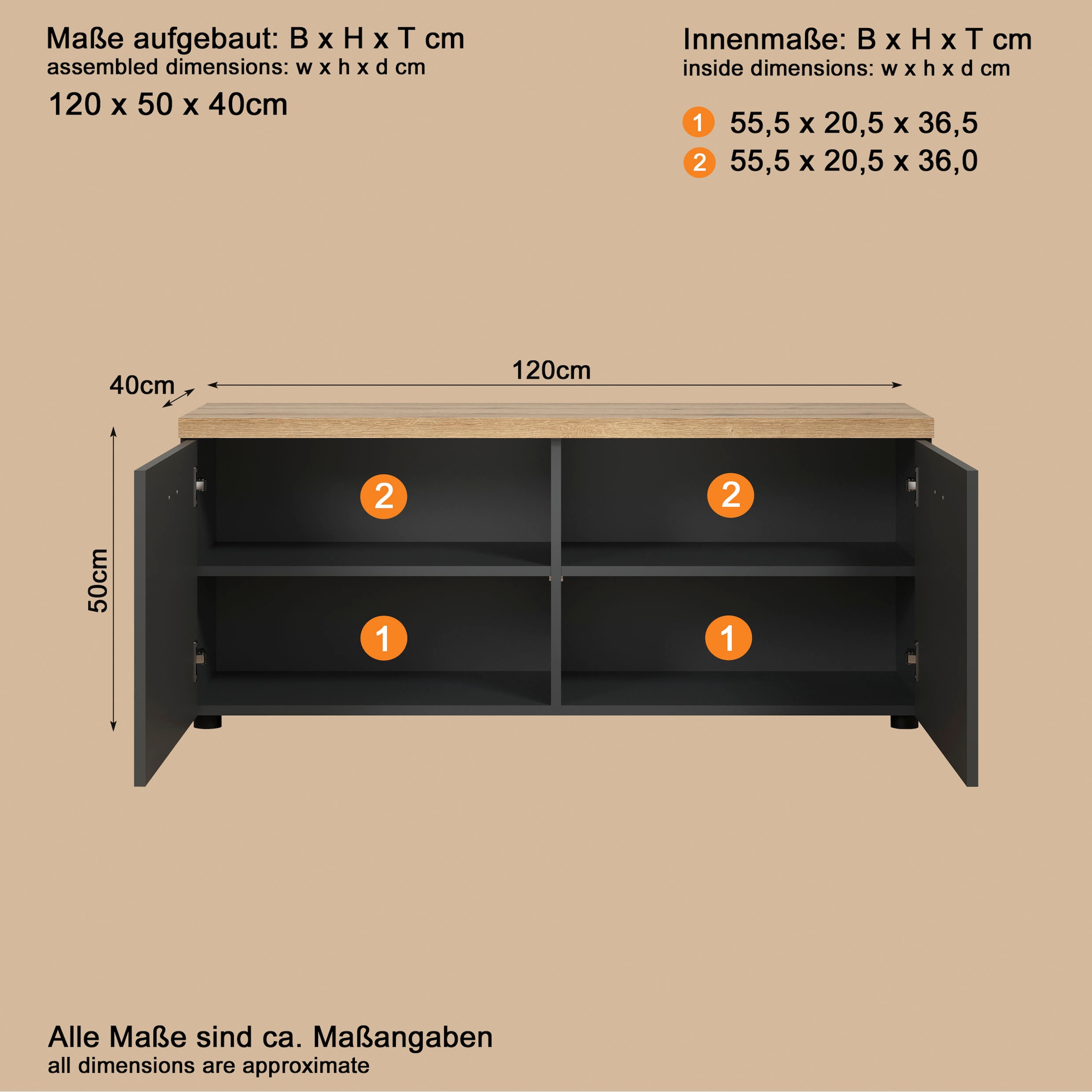 Home affaire Lowboard »Bajo« 1 Stk. tlg. TV-Lowboard mit 2 Türen und 2 Einlegeböden – (B/T/H) 120/40/50 cm