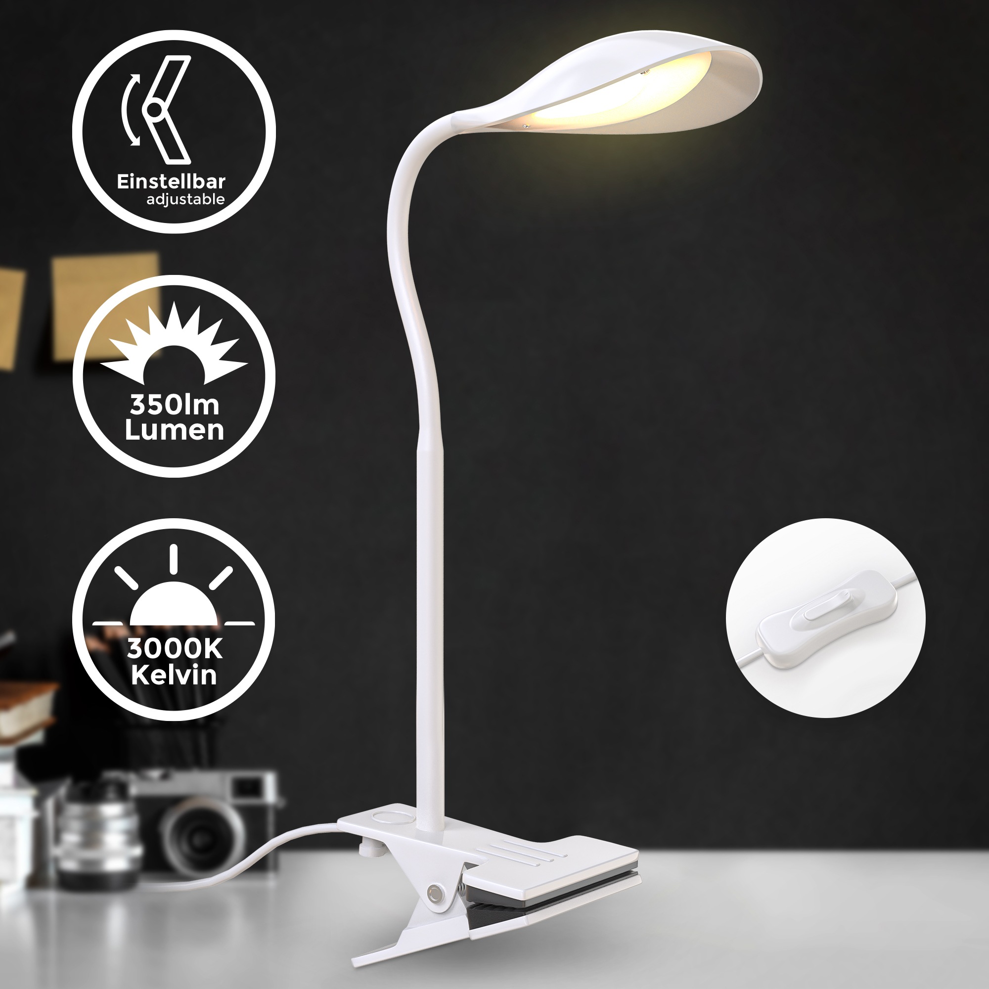 B.K.Licht Klemmleuchte, 1 flammig, Leuchtmittel LED-Modul | LED fest integriert, Schreibtischleuchte, flexibel, schwenkbar, warmweiß, Leselampe, weiß