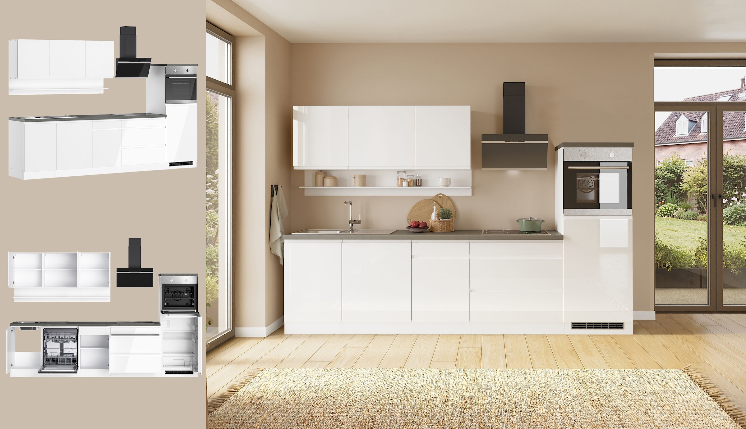 KOCHSTATION Küchenzeile »KS-Virginia,neu in verbesserter Ausführung« Arbeitsplatte 38 mm stark, Stauraum, Softclose,  Breite 300 cm, Soft-Close, wahlweise mit E-Geräten