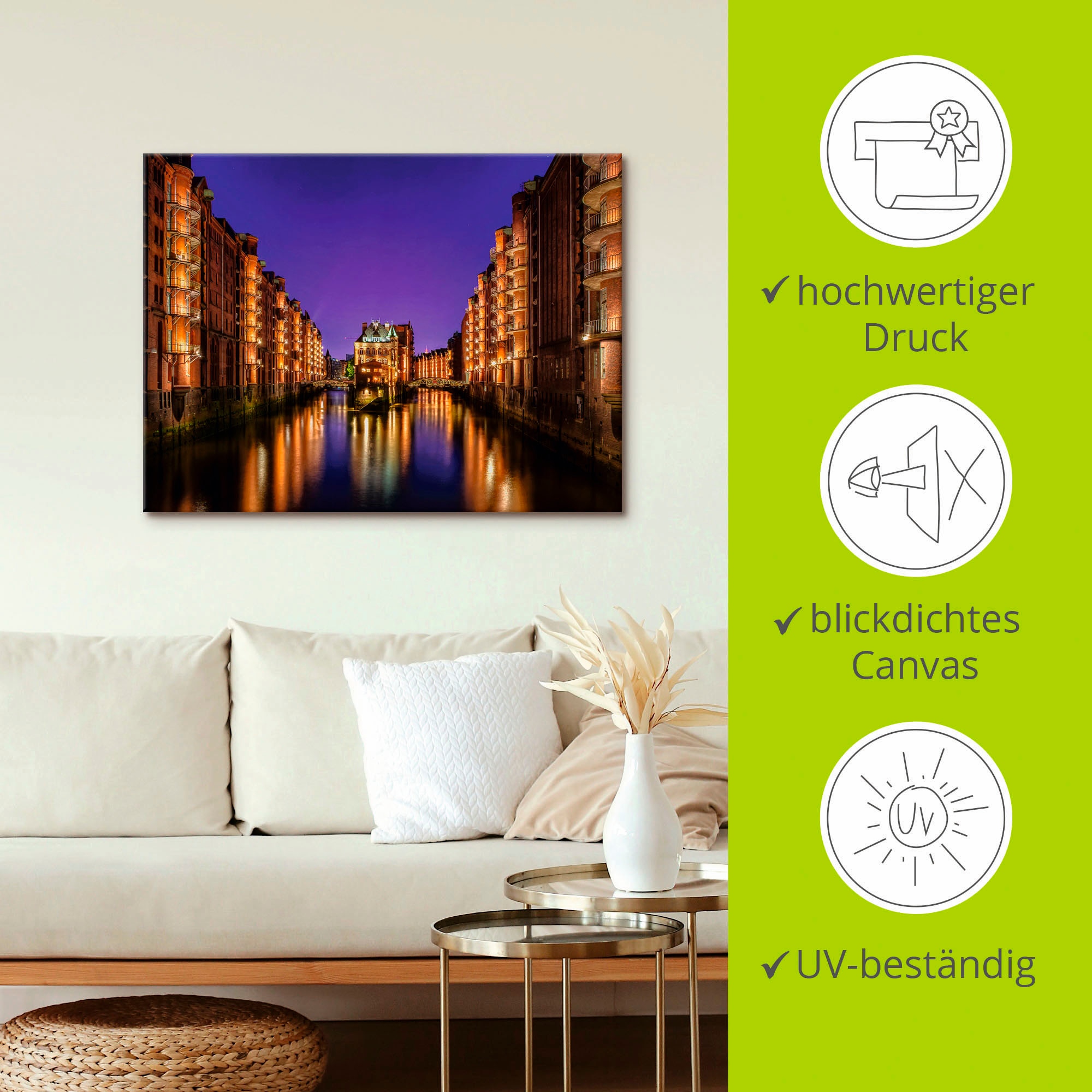 Artland Leinwandbild »Hamburg Speicherstadt bei Nacht«, Gebäude, (1 St.), auf Keilrahmen gespannt