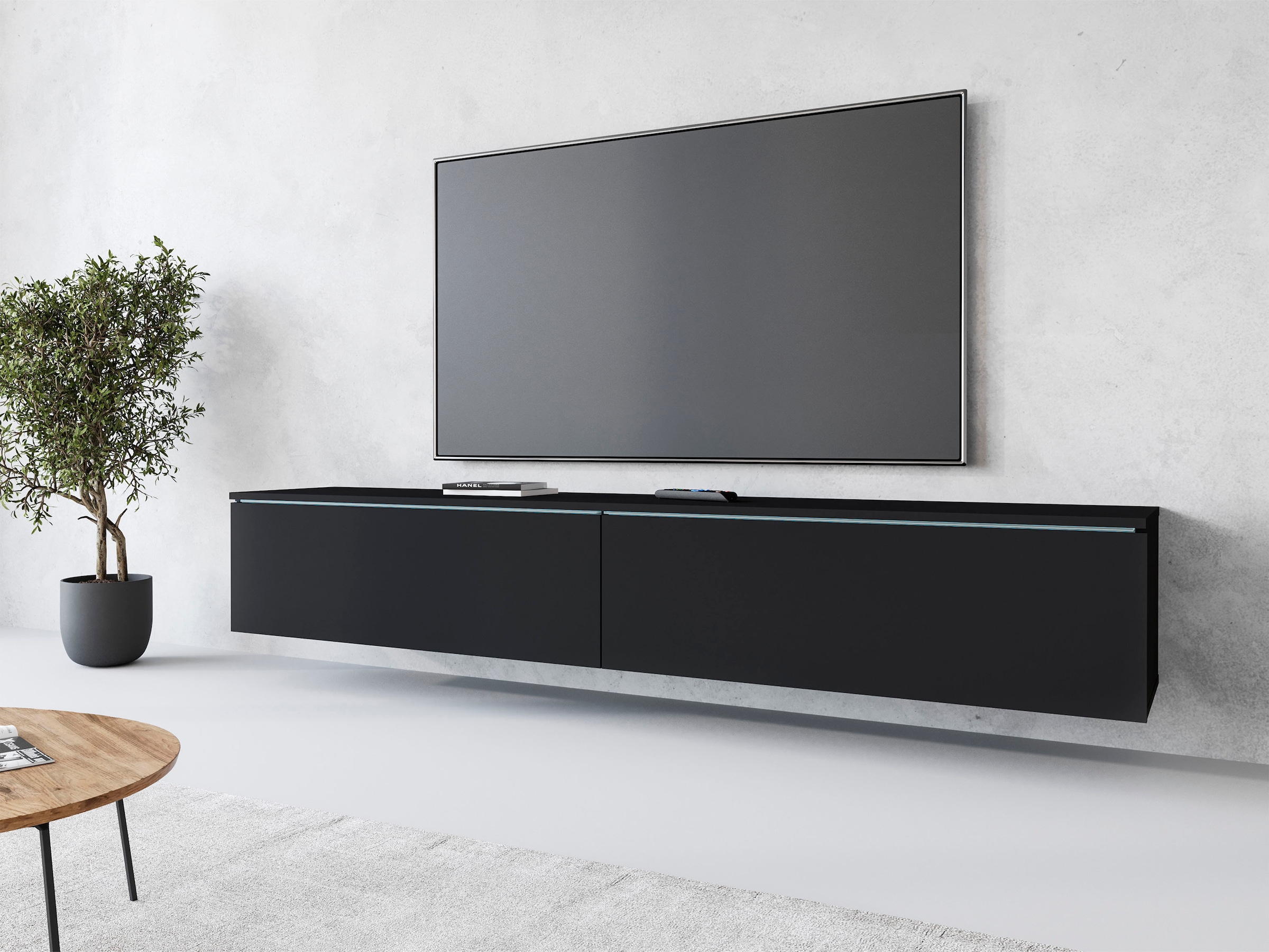 INOSIGN Lowboard »LOWBOARD VERA, wahlweise mit oder ohne Beleuchtung«, Modernes griffloses TV-Board, 180 cm TV-Schrank, stehend und hängend