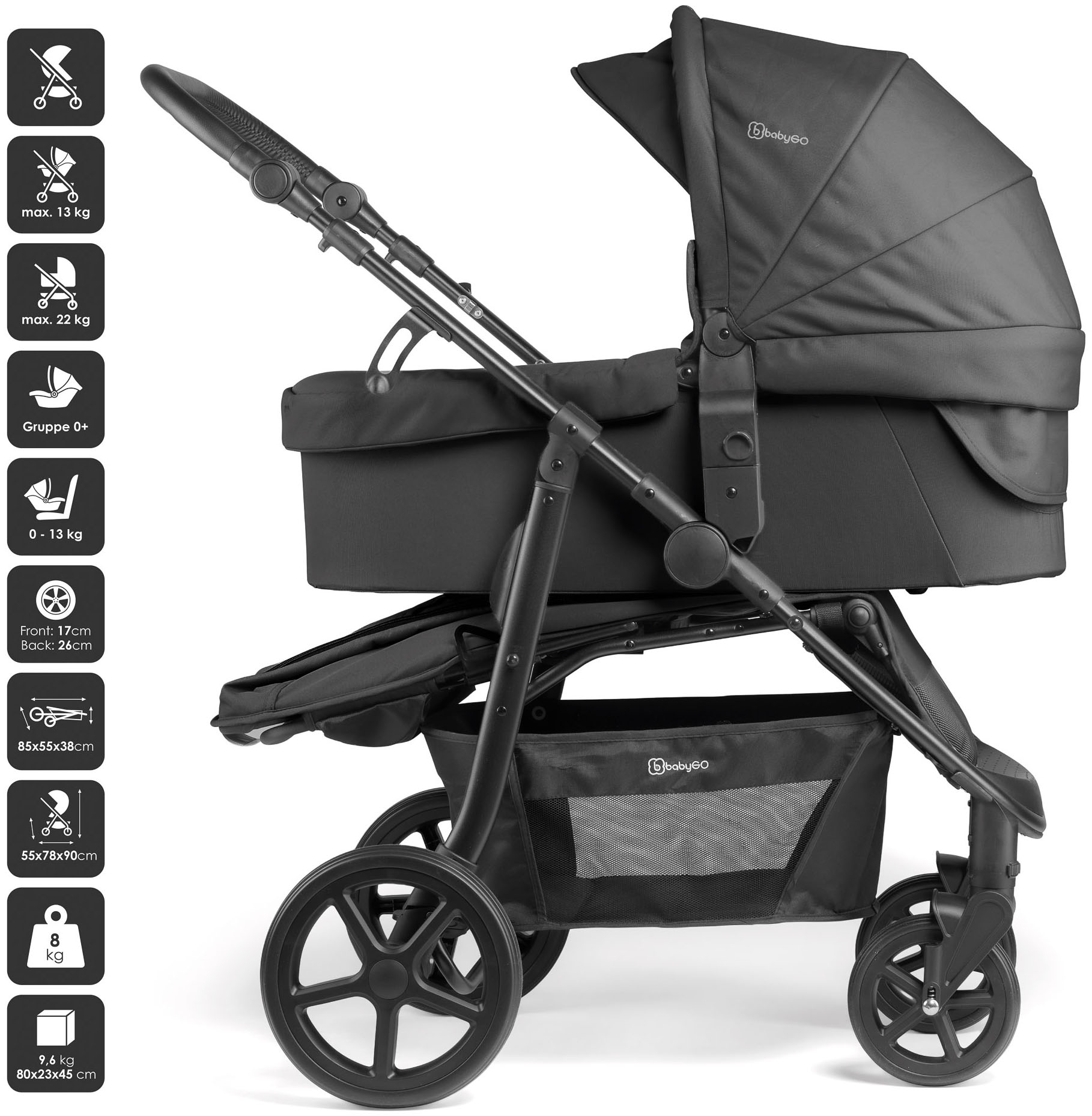 BabyGo Kombi-Kinderwagen »Evolution« 22 kg mit Babywanne, Babyschale, Wickeltasche und Sportsitz