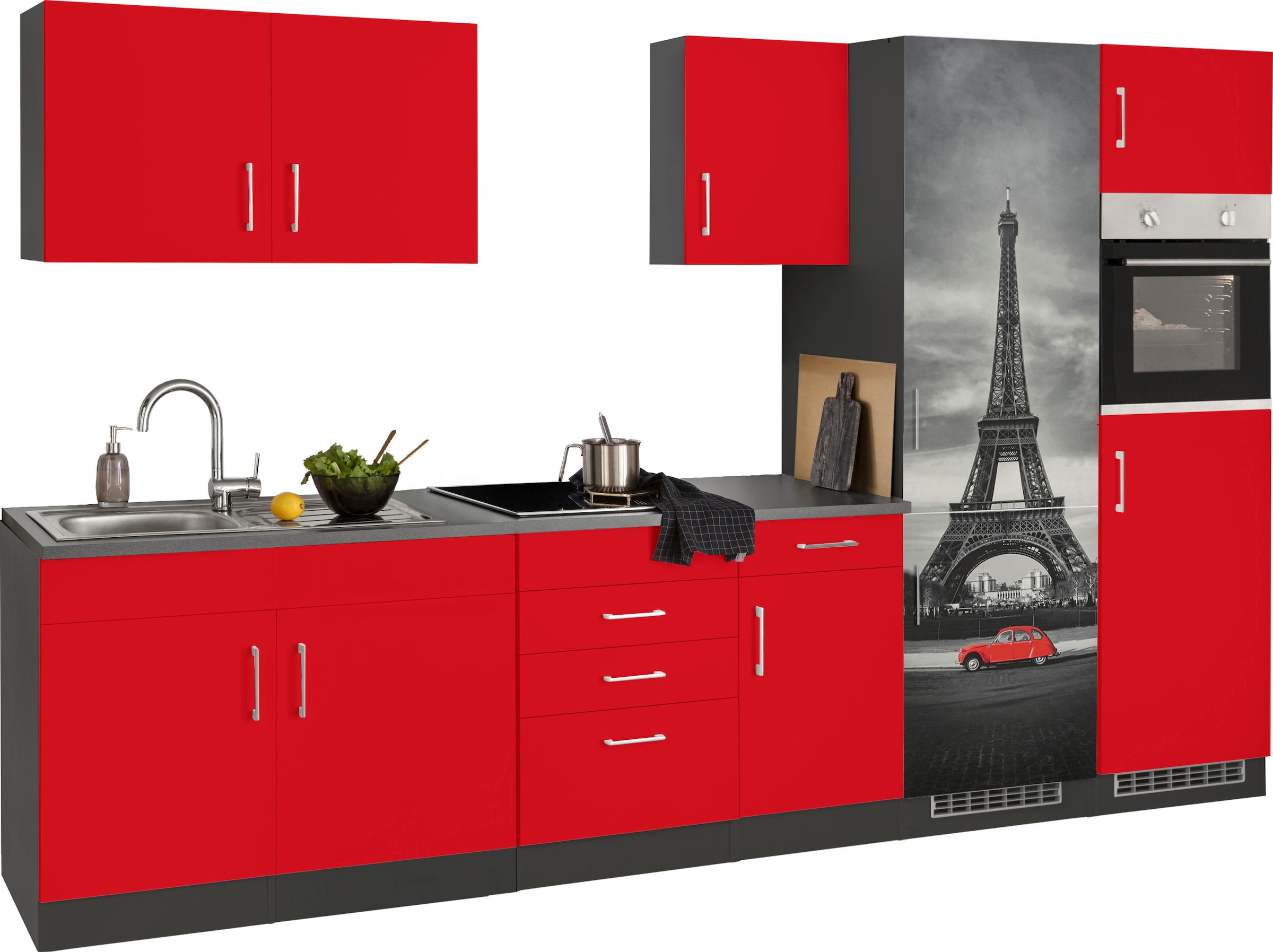 KOCHSTATION Küchenzeile »KS-Paris – Küchen mit einzigartigen Fotomotiven auf den Fronten« Breite 330 cm, wahlweise mit E-Geräten und Induktion
