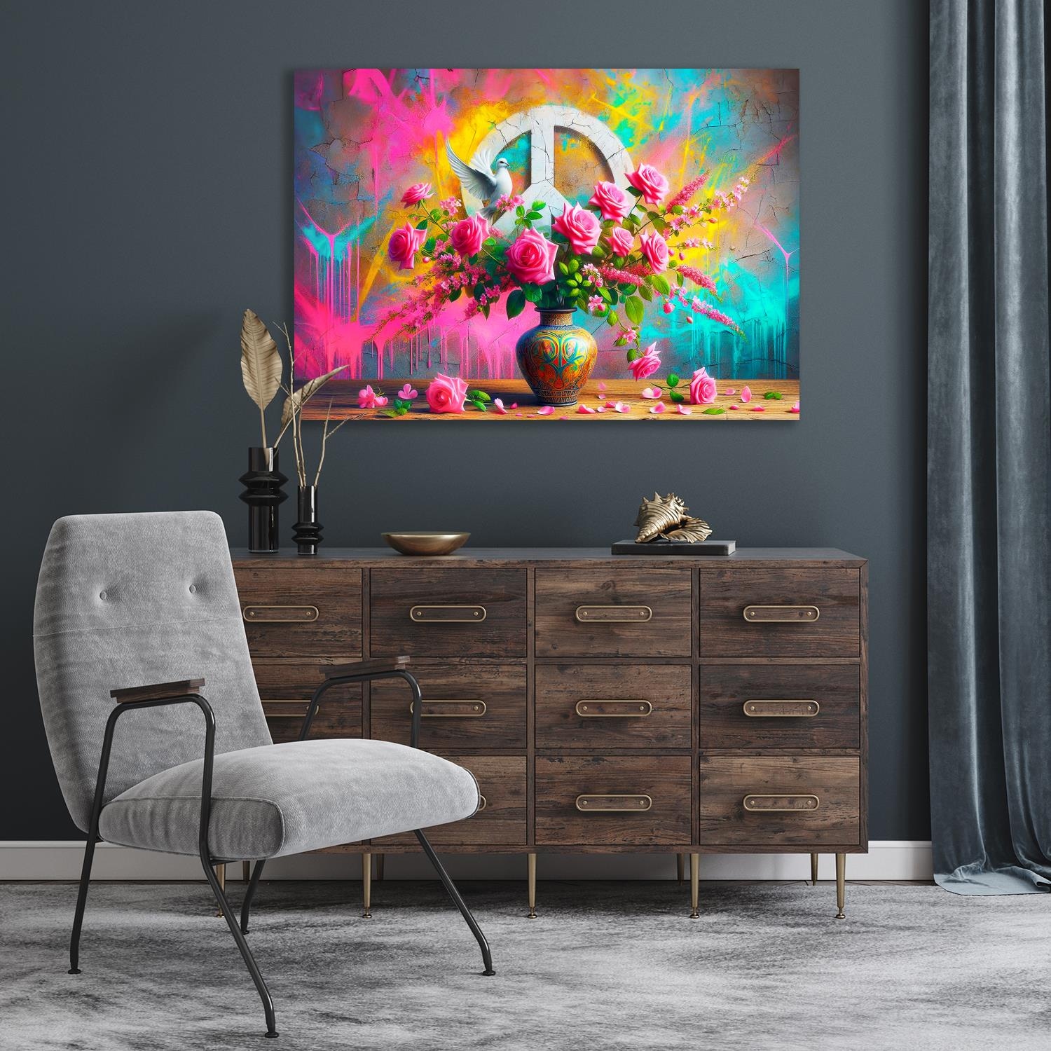 queence Acrylglasbild »Blumen, Farben und Frieden - Katharina Kolenda«, Peace-Zeichen-Fantasy-Vögel-Vasen-Vasen & Töpfe-Vogelbilder, (1 St.), Kunst, knallige Farben, bunt