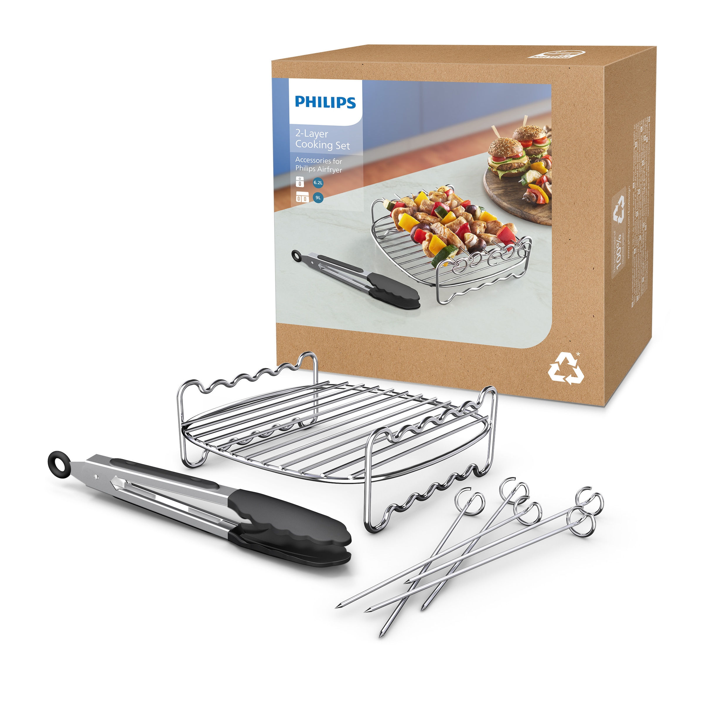 Philips Airfryer-Grillrost »HD9920/00 für Airfryer 6,2 l, 8,3 l und 9 l«, (7 St., Grillrost, 5 Spieße u.Zange im Lieferumfang), mit 2 Ebenen, HomeID App und spülmaschinenfesten Teilen