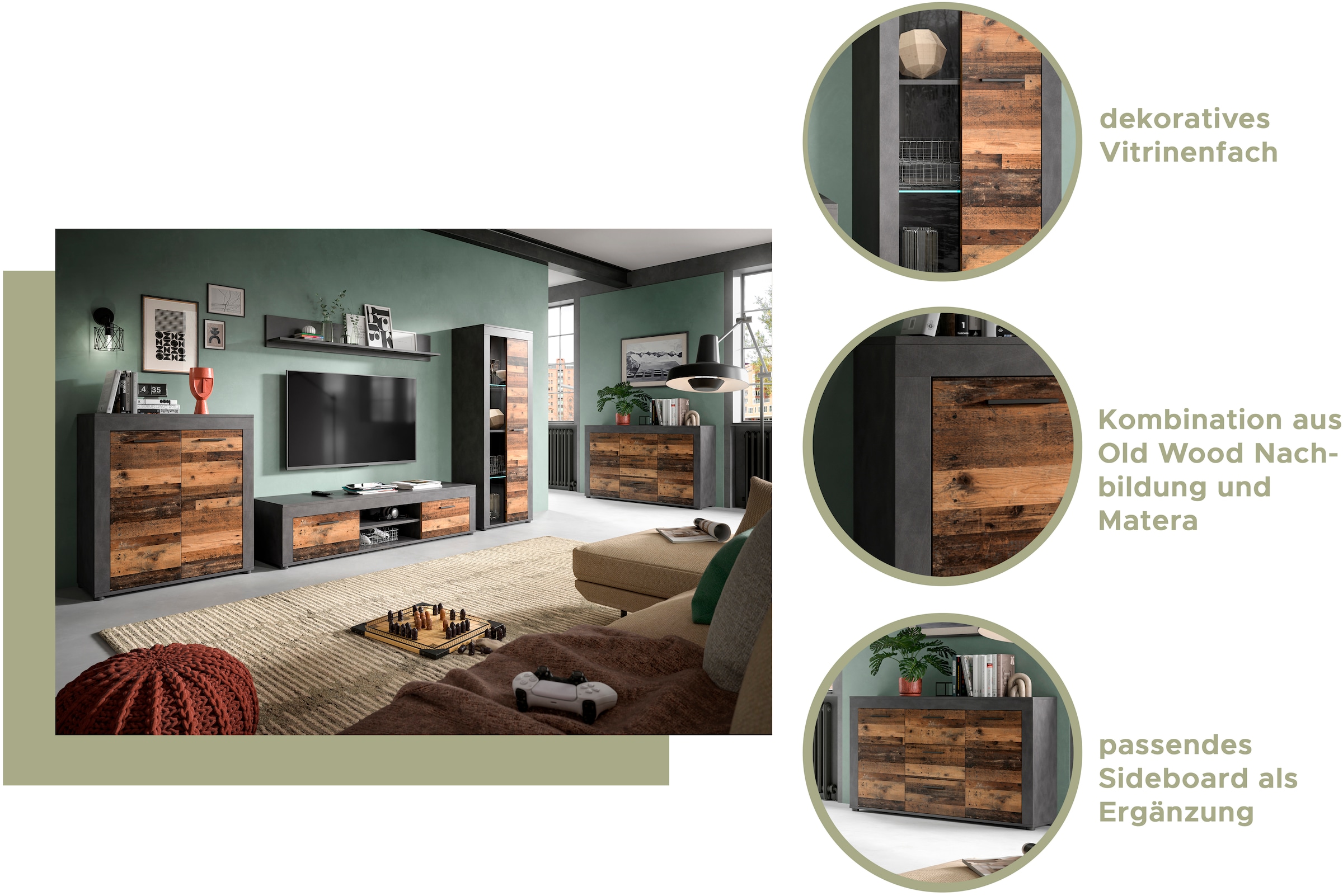 INOSIGN Wohnwand »Aosta, Breite 235cm, bestehend aus Lowboard, Wandboard, Vitrine«, (3 St.), Wohnwand, Kombination, Anbauwand, Möbel Set, Schrankwand, Möbel Kombi