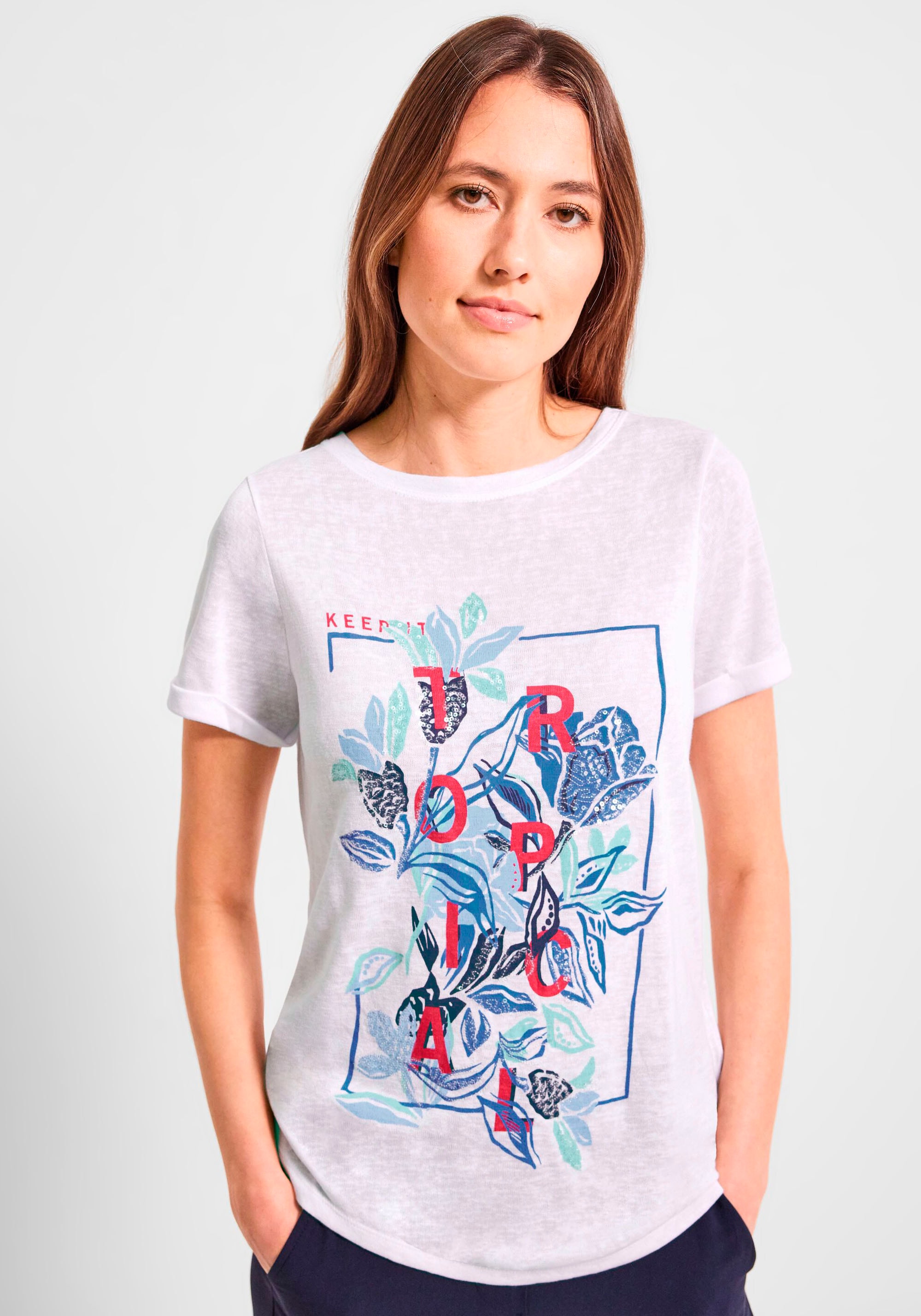 Cecil T-Shirt »LINENLOOK_Shape bei kaufen OTTO klassischem mit Rundhalsausschnitt print«