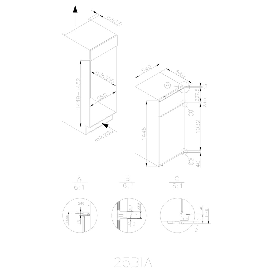 Candy Einbaukühlschrank »CFBD 2450/5E«, CFBD 2450/5E, 144,6 cm hoch, 54 cm breit