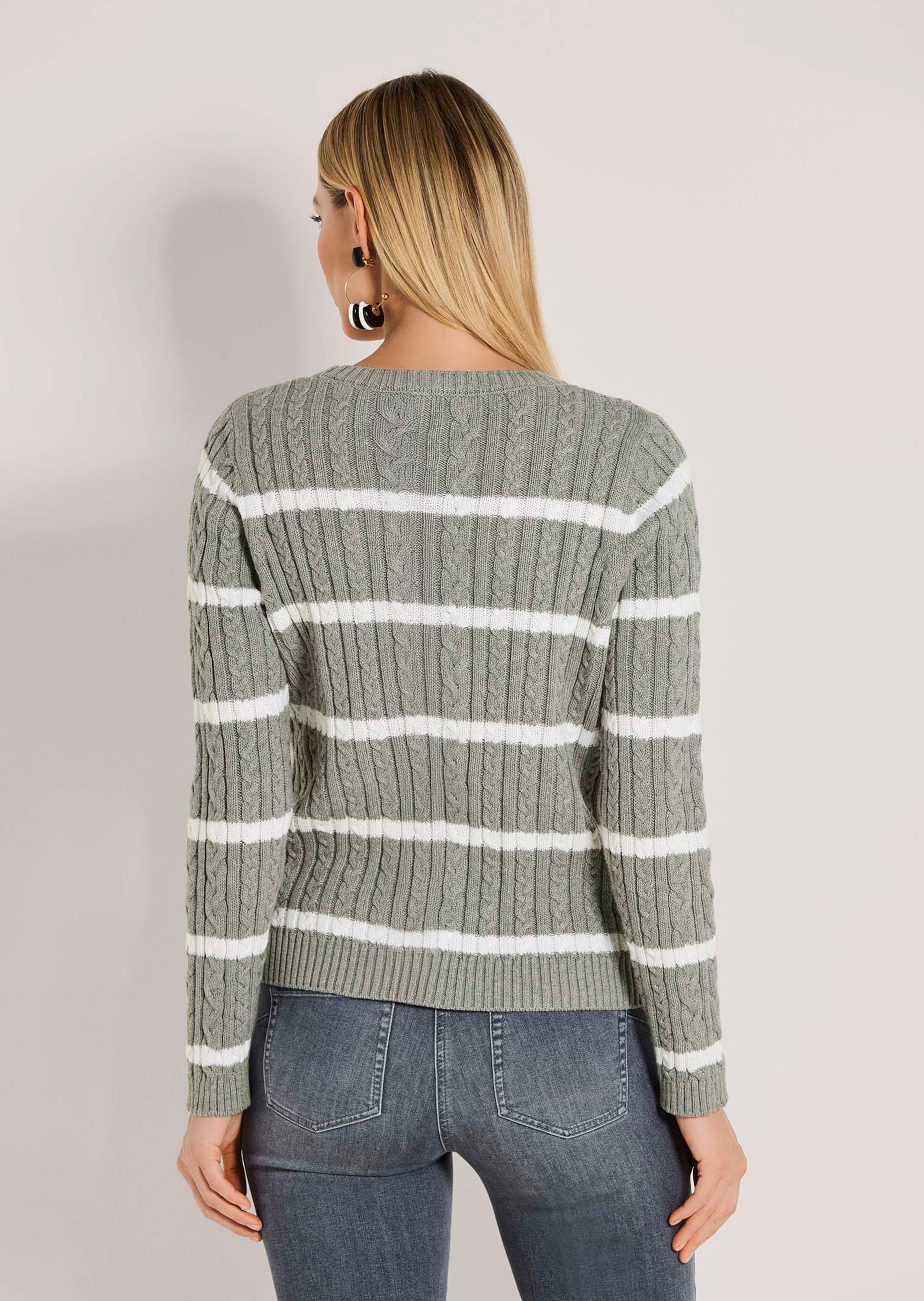 MADELEINE Longpullover »Strickpullover Moderner Baumwollpullover mit Zopfmuster und Ringel-Design« Kontraststreifen