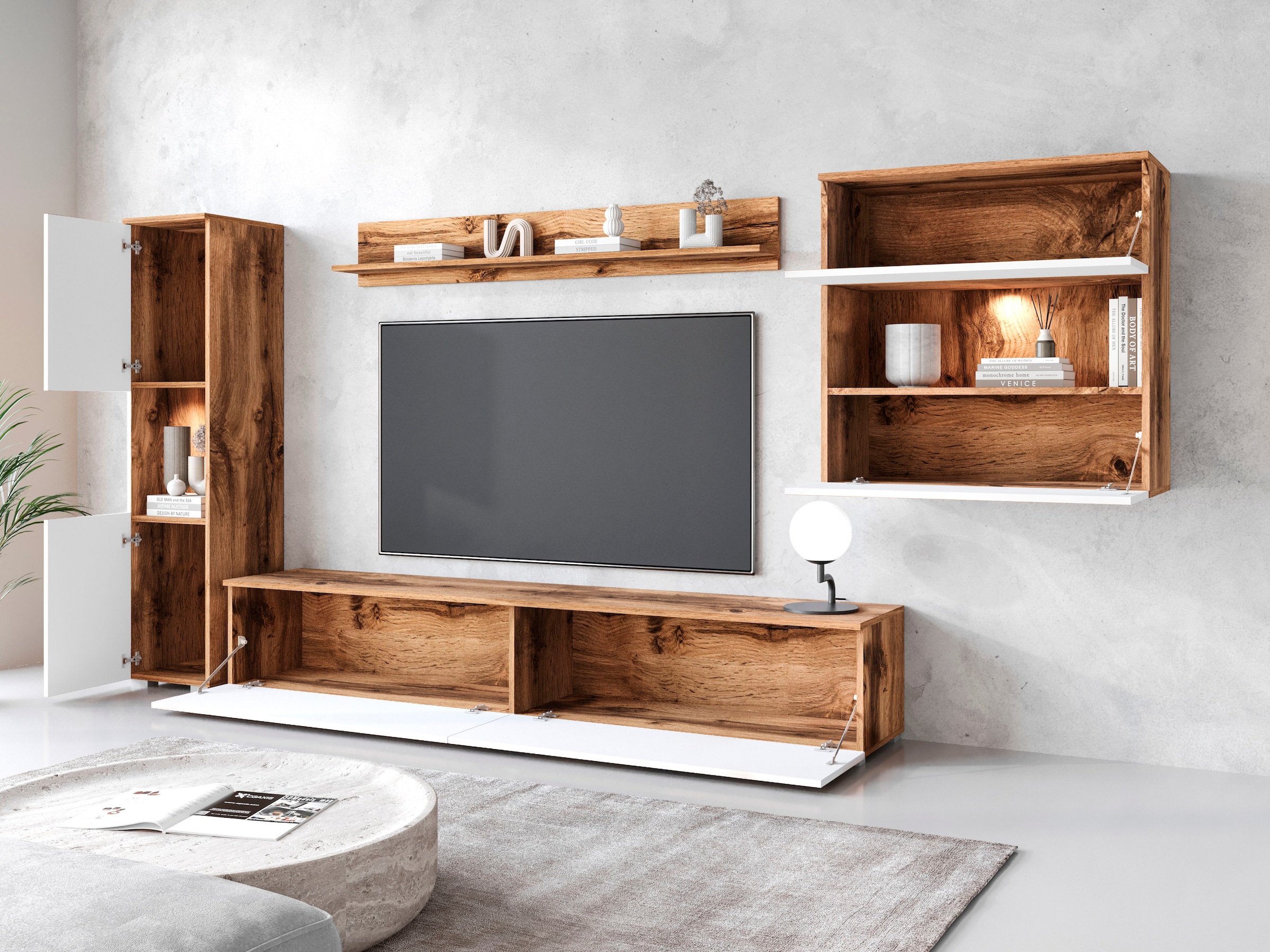 INOSIGN Wohnwand »PARIS«, (Komplett-Set, 4 St.), TV-Wand 300cm breite, grifflose Design, stehend und hängend montierbar