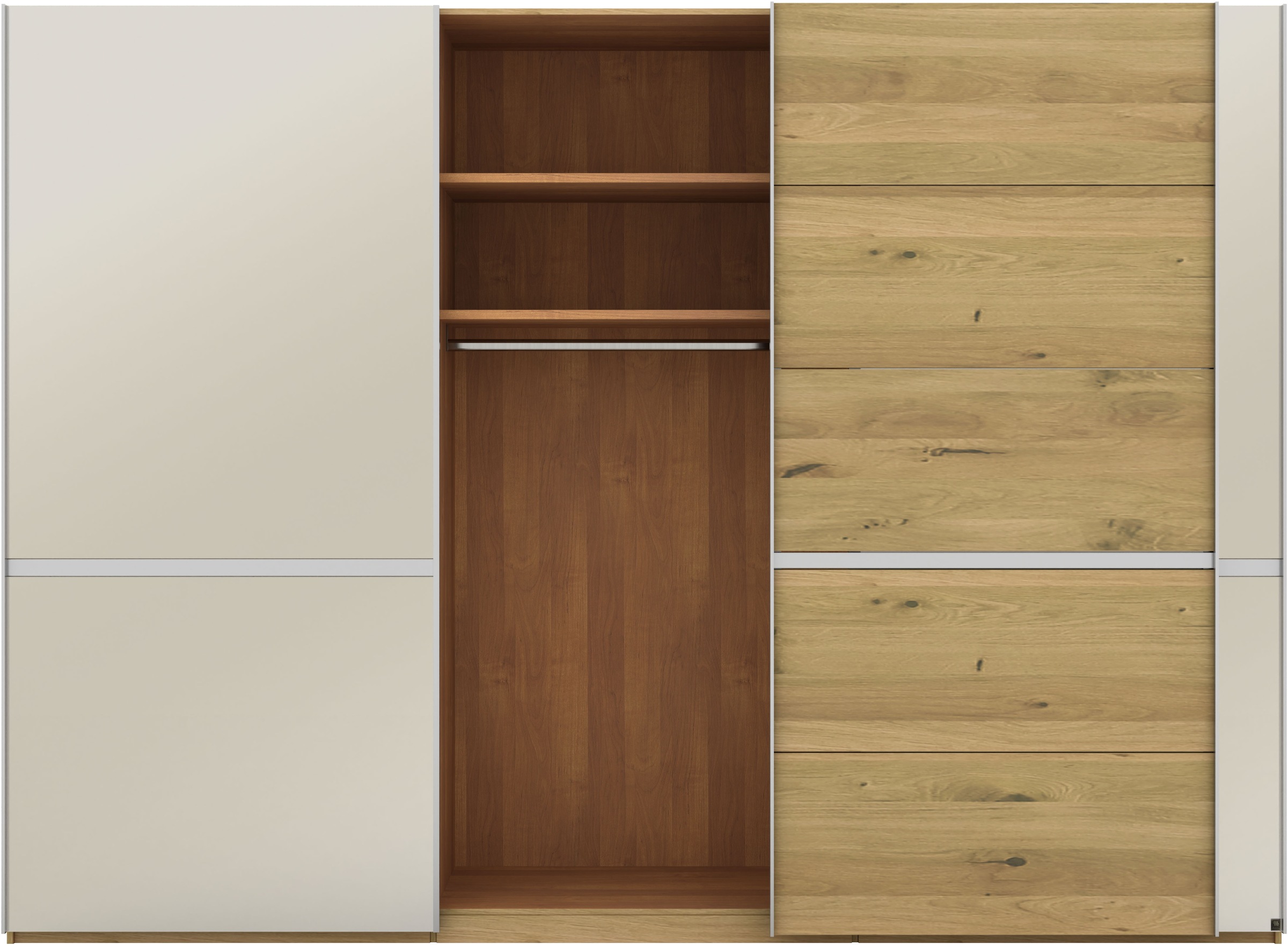 Musterring Schwebetürenschrank »Savona, Kleiderschrank, Schrank, Garderobe, mit Schiebetüren«, (Teilmassiv Bianco-Eiche, mit Spiegel oder Glas, MADE IN GERMANY), Türen Bianco-Eiche massiv, Spiegel-/Glastüren, eingelegte Chromleiste