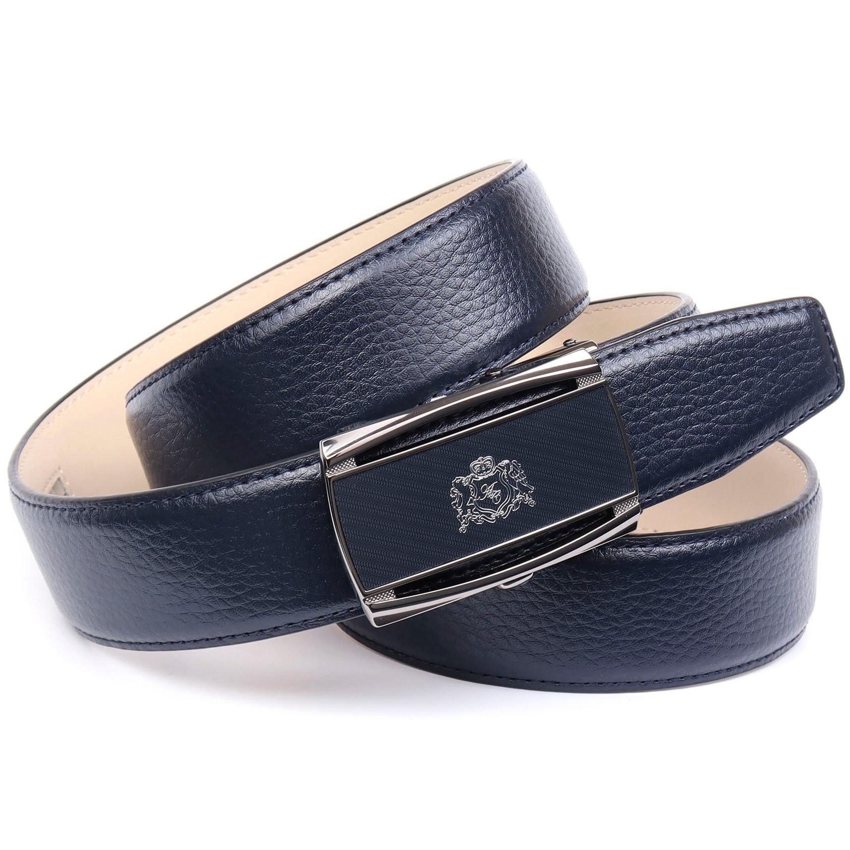 Anthoni Crown Herren Ledergürtel mit Hartglas-Schließe mit Logo in blau, Größe 90