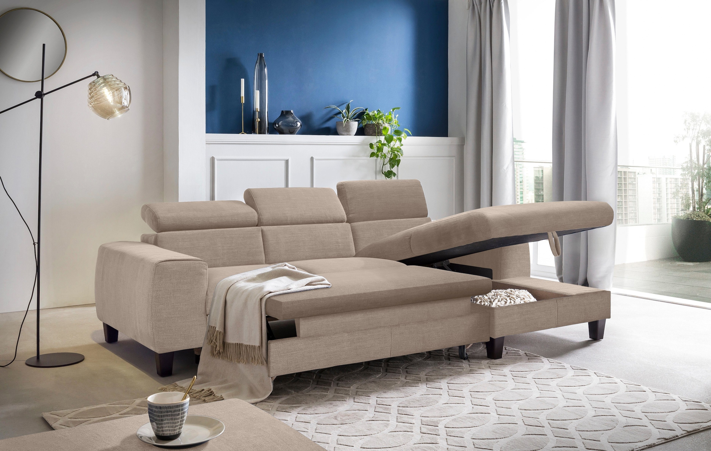 COTTA Polstergarnitur »Morven L-Form« Set,  Set bestehend aus: Ecksofa mit Kopfteilverstellung & Hocker