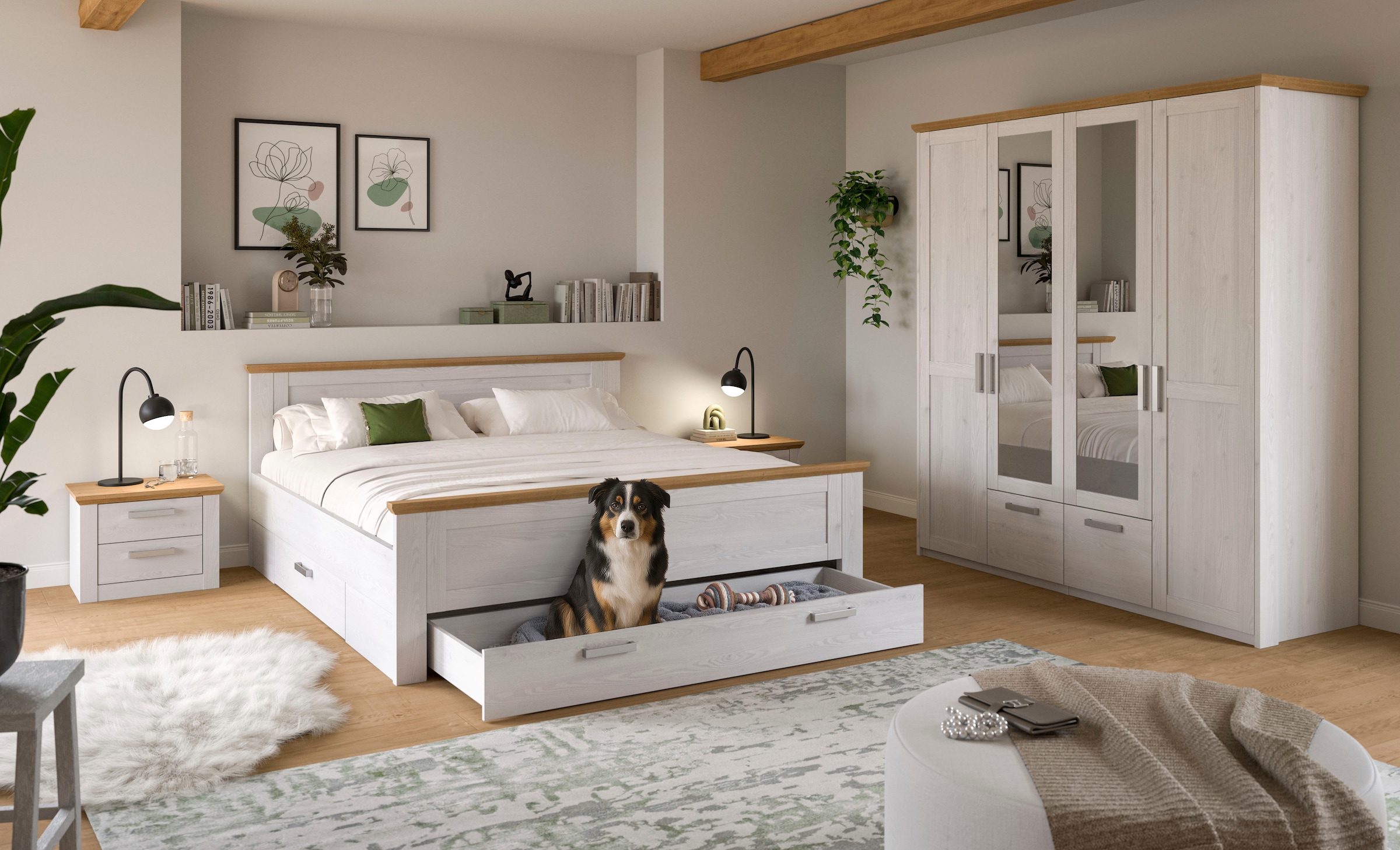 Home affaire Schlafzimmer-Set »COSENZA, 4-teilig, Kleiderschrank, Bett & 2x Nachttische« Matratzengröße 180x200 cm, viel Stauraum, ohne Lattenrost & Matratze, 4 tlg. tlg. Schlafzimmer, Schlafen, Set, Kombination, Bettanlage
