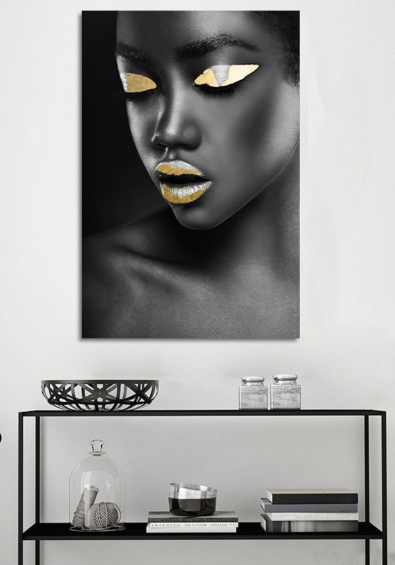 queence Acrylglasbild »Bastet«, Frau-Gemälde-Frau-Bilder von Frauen-Mode-Modern-Fashion-Magazincover, (1 St.), von Hand eingearbeitete Blattgold Applikationen
