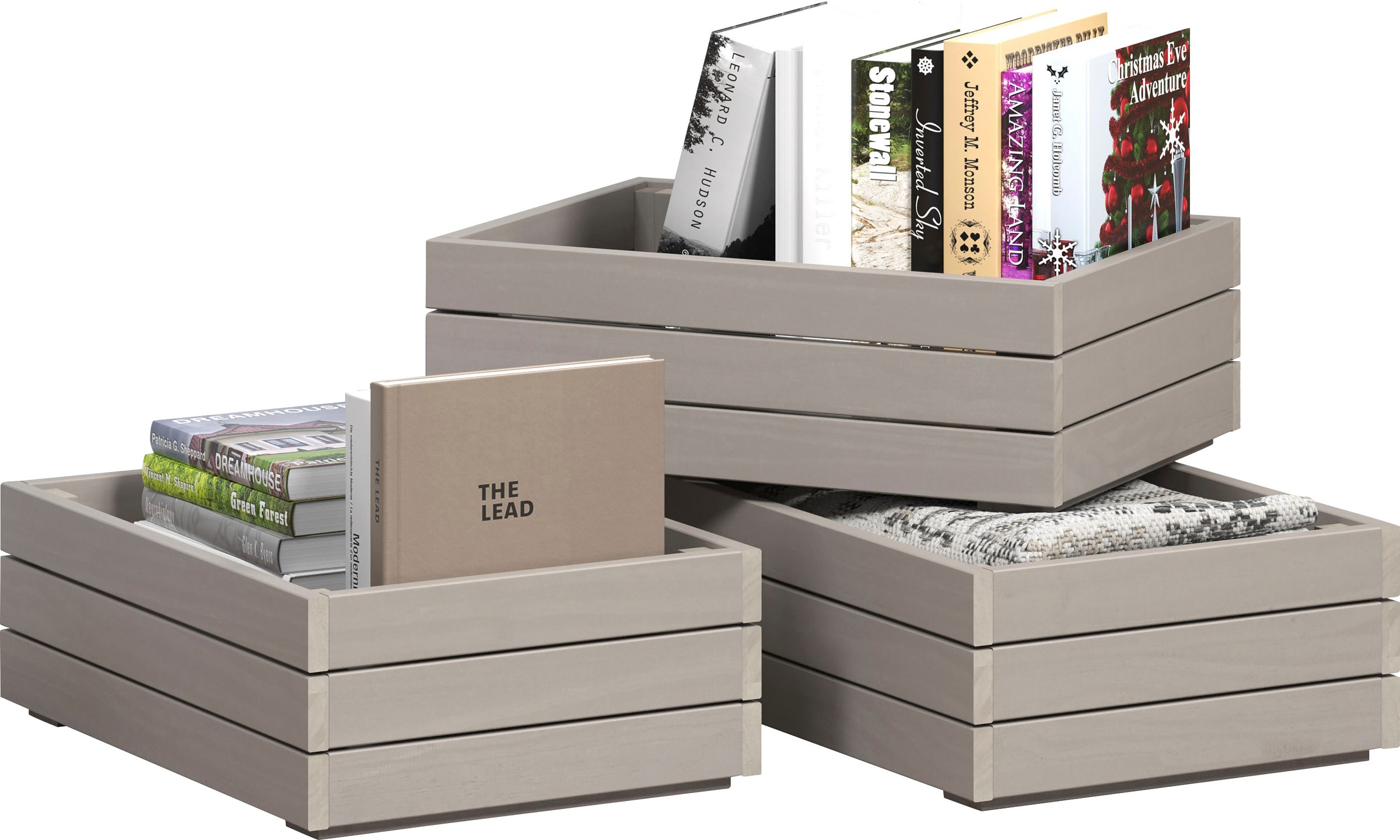 INTER-FURN Schublade »Arona Holzkisten«, (3 St.), 3er Set Massivholzkisten, Kiefer, Grau Wachs, B/H/T: 45 / 15 / 32 cm