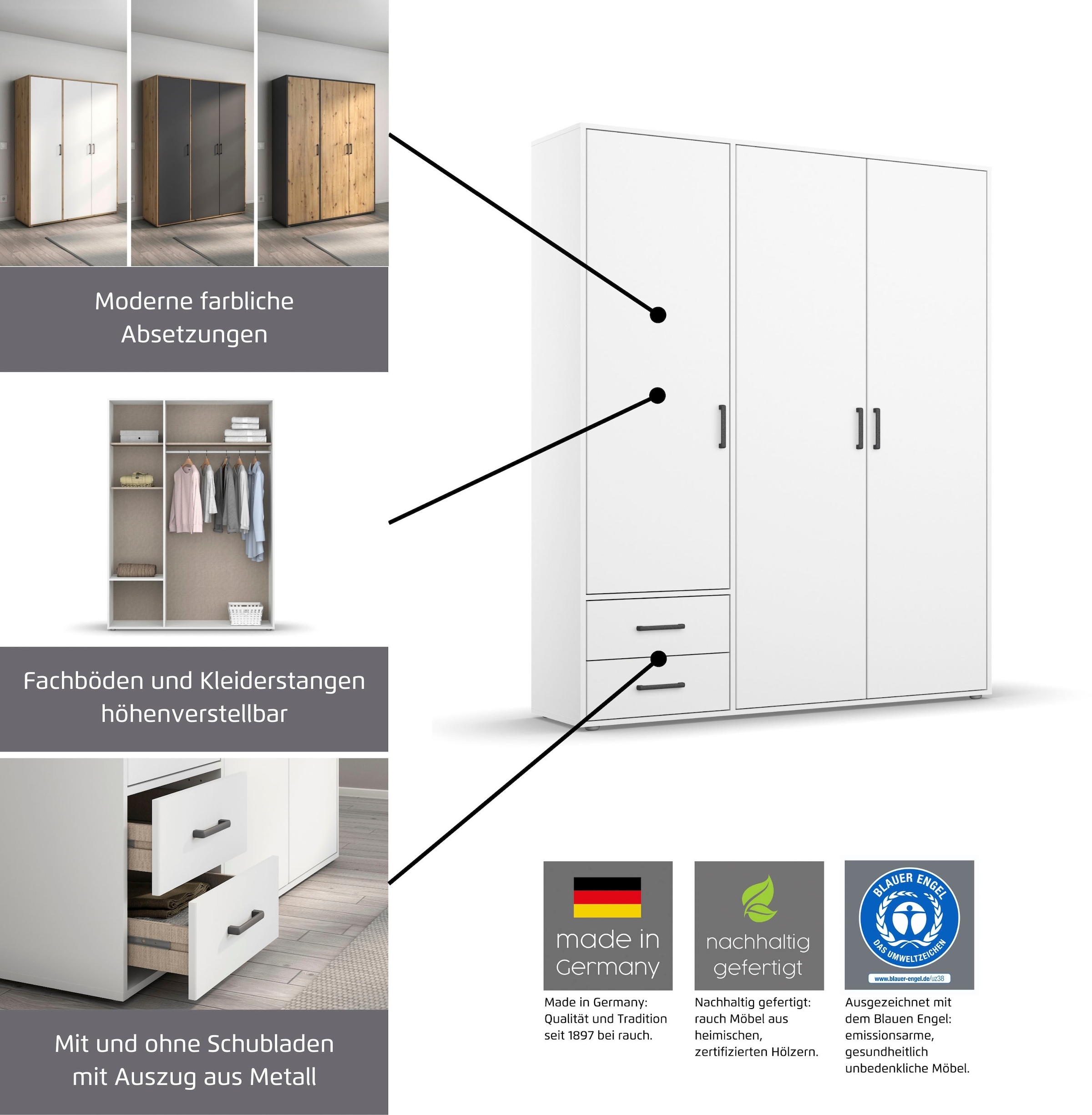 rauch Drehtürenschrank »Kleiderschrank Schrank Garderobe Wäscheschrank VOYAGER« in 3 verschiedenen Ausstattungen BASIC/CLASSIC/PREMIUM,  mit modernen Griffen in Graumetallic und Spiegel