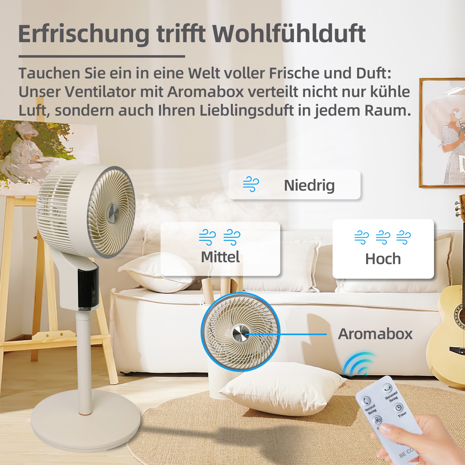 be cool Standventilator »Design-Standventilator 26cm mit 3D-Oszillation & Aromabox beige«, 3D-Osszilation, Aromabox