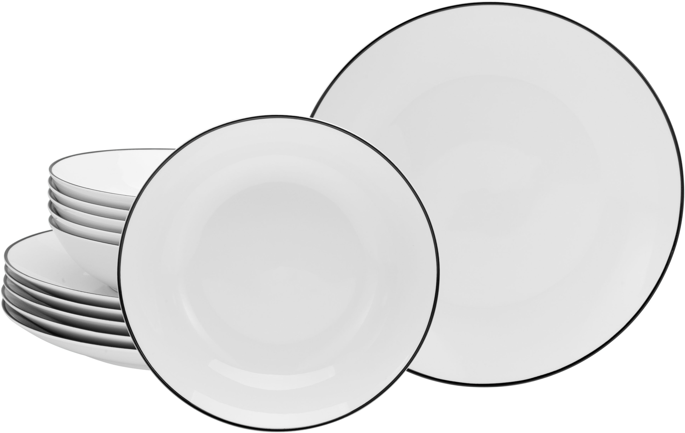Leonique Tafelservice »Madeline«, (Set, 12 tlg., je 6 Speiseller, Suppenteller), Geschirr, trendige Coupeform, handgemalte, schwarzes Liniendekor