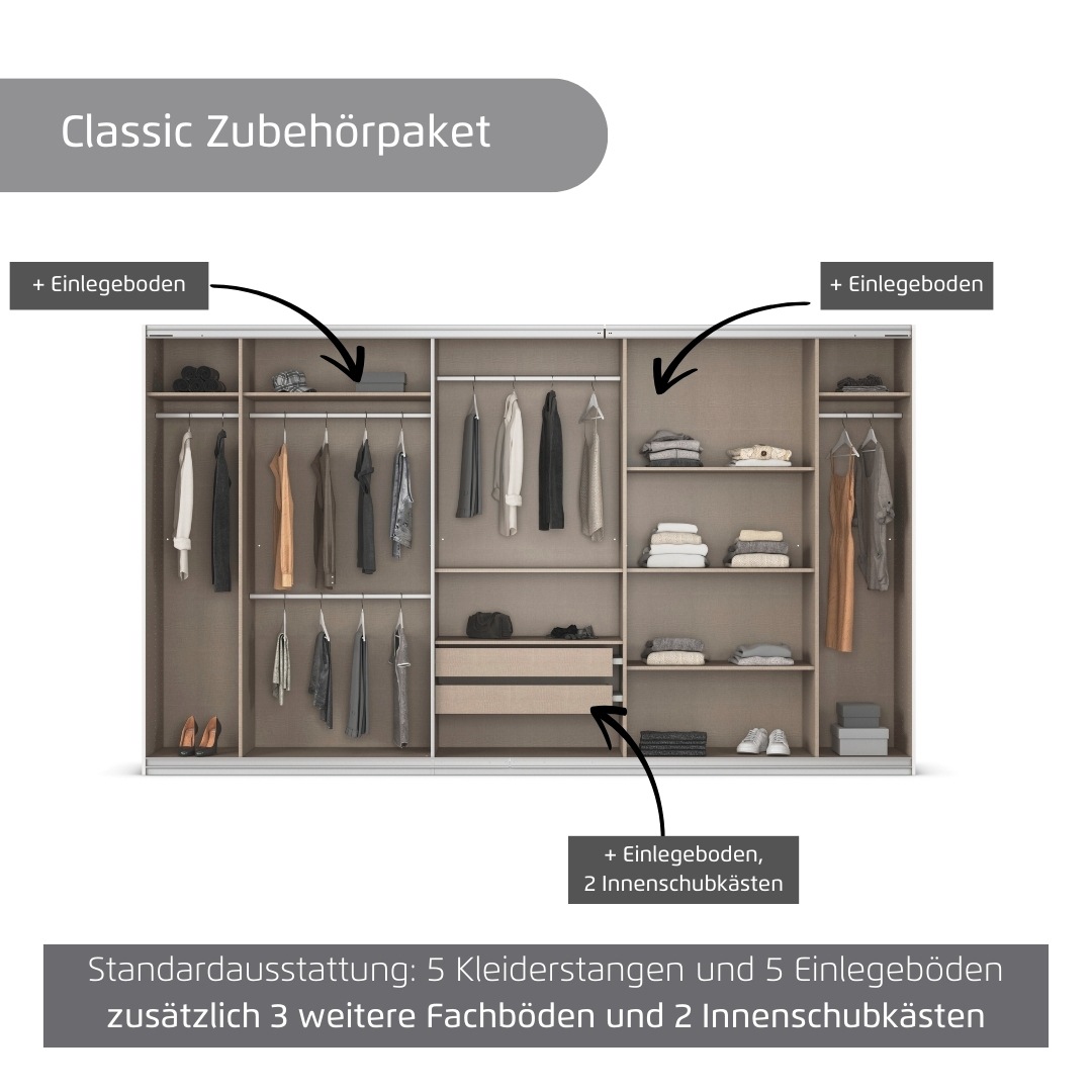 rauch Kleiderschrank »Schwebetürenschrank OTTO´s Choice Garderobe Schrank TOP ANGEBOT Avola«, (in 3 verschiedenen Ausstattungen BASIC/CLASSIC/PREMIUM inkl. Spiegel), mit eleganten Zierleisten in Chrom, Schwarz oder Weiß MADE IN GERMANY