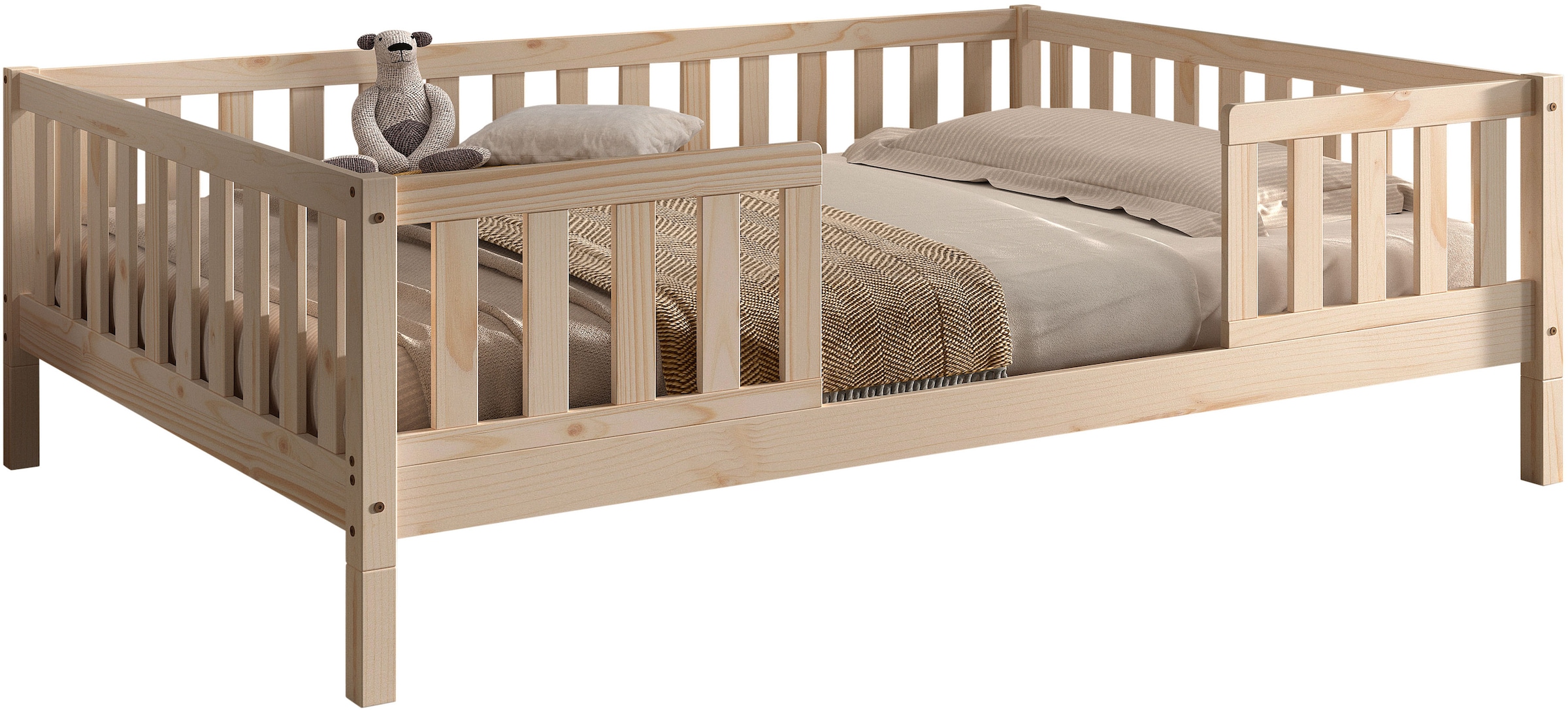 Vipack Daybett »Dallas Massiv Bett mit Rausfallschutz umbaubar vom Boden- zum Daybett« mit Bettschublade, wahlweise Kiefer massiv natur oder weiß