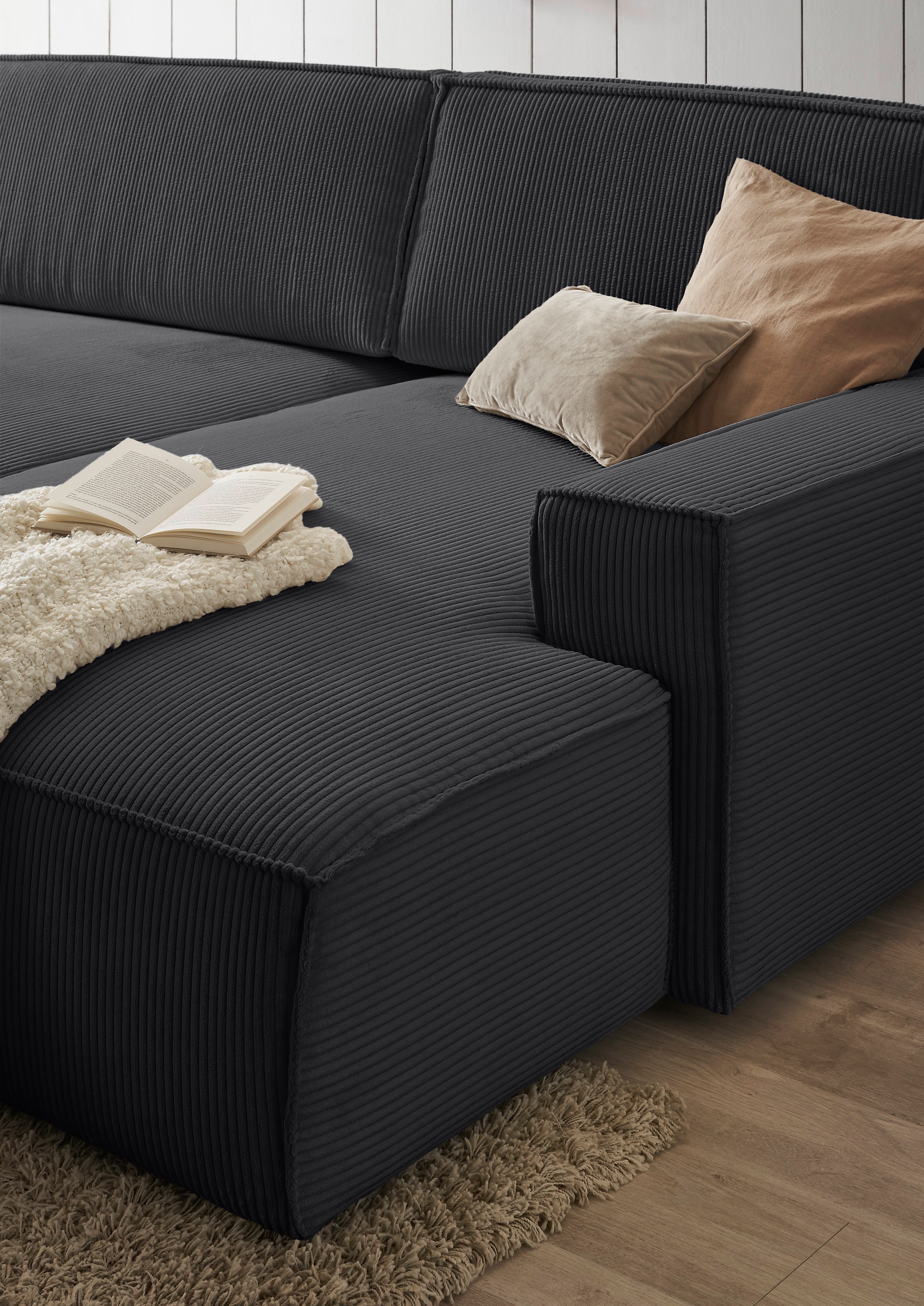 Home affaire Ecksofa »NEU: SHERWOOD XXL 284, Big-Sofa L-Form, tiefe Sitzfläche 95 cm, Cord« Recamiere rechts/links, als Schlafsofa stellbar, Cord u. Leinenoptik