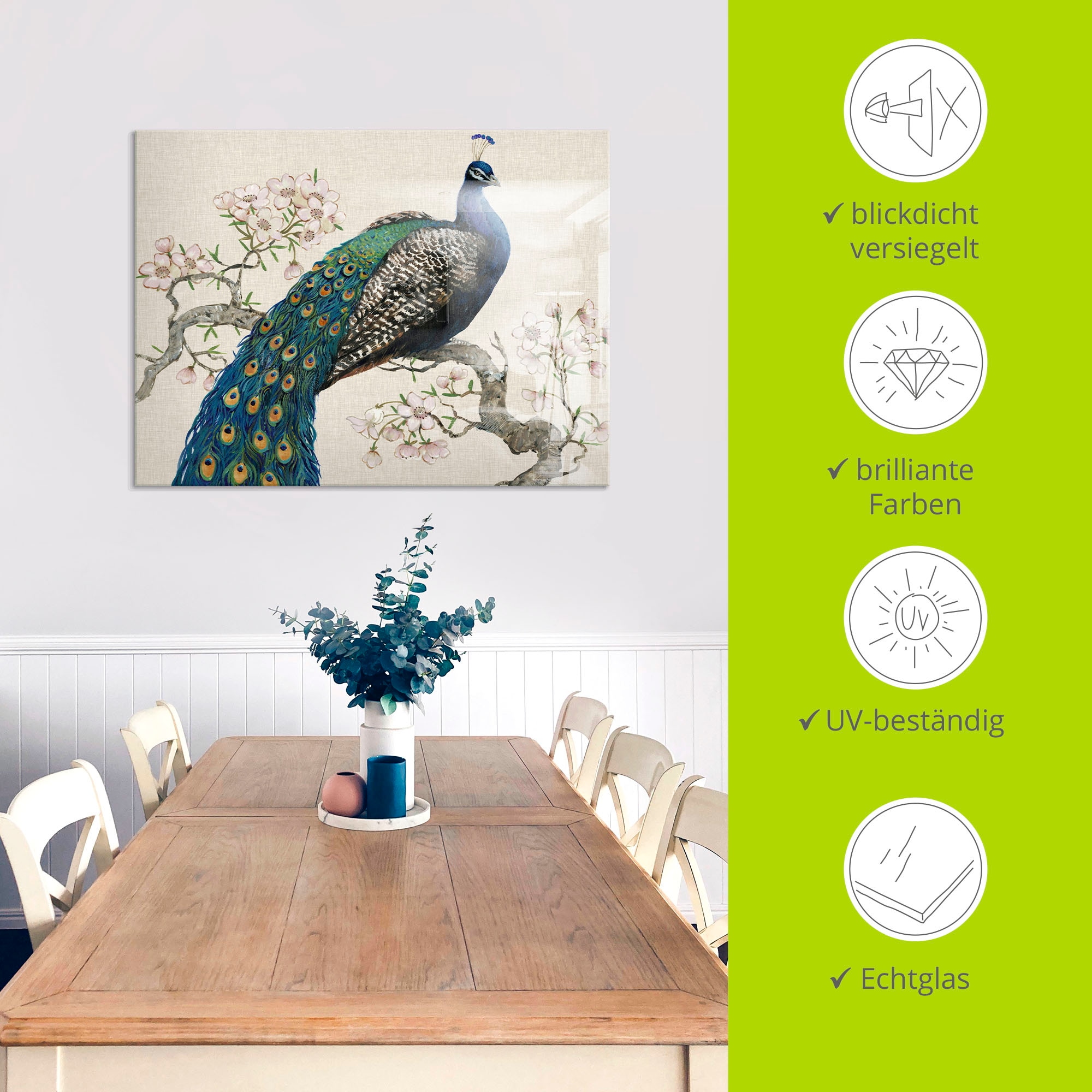 Artland Glasbild »Pfau & Blüten I«, Vögel, (1 St.), in verschiedenen Größen