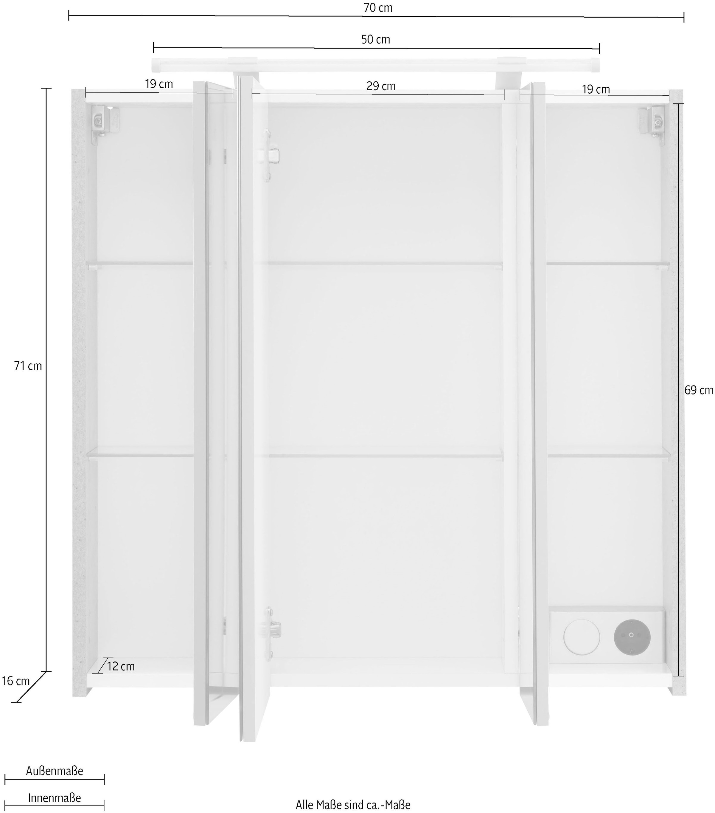 Schildmeyer Spiegelschrank »Dorina, mit höhenverstellbaren Glasböden made in Germany«, Breite 70 cm, 3-türig, LED-Beleuchtung, Schalter-/Steckdosenbox