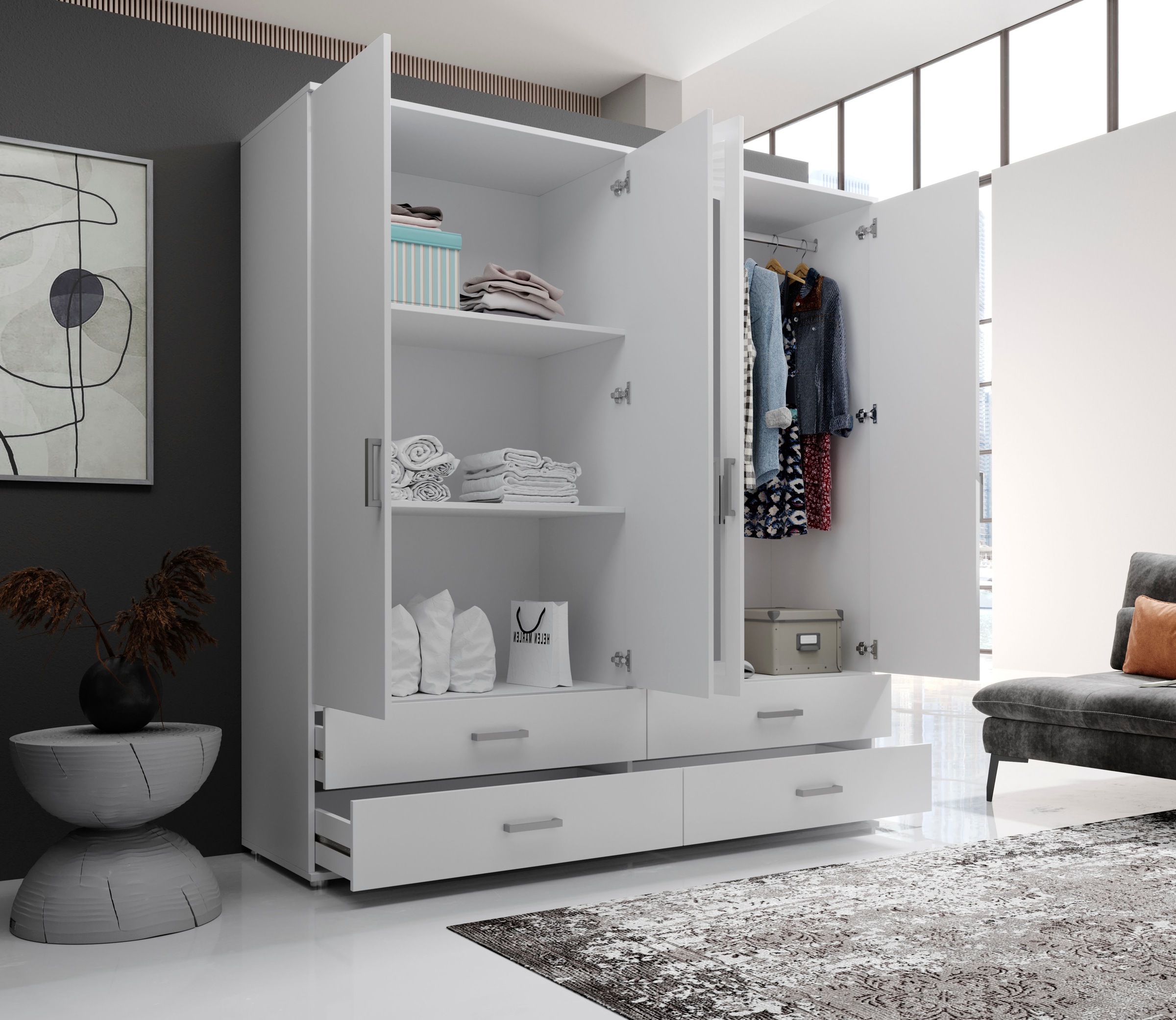 Schlafkontor Drehtürenschrank »Ivar Kleiderschrank mit Spiegel« inklusive 2 Spiegeltüren und 2 farblich abgesetzten Schubkästen