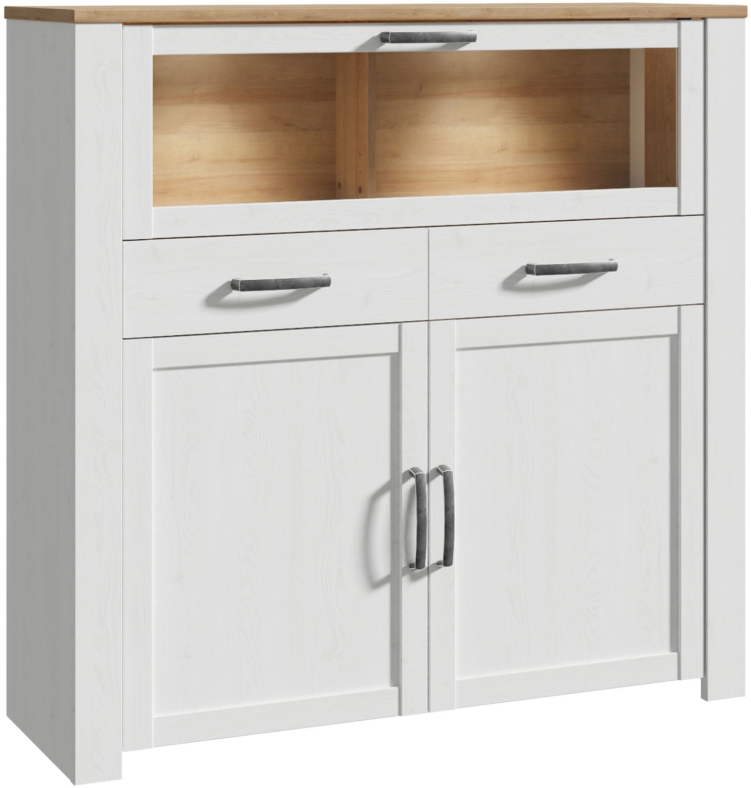 FORTE Highboard »Bohol, kleines Highboard, Klappe mit Glas, 2SK, 2Türen« B/H/T 126,4/125,4/42 cm Beleuchtung optional bestellbar